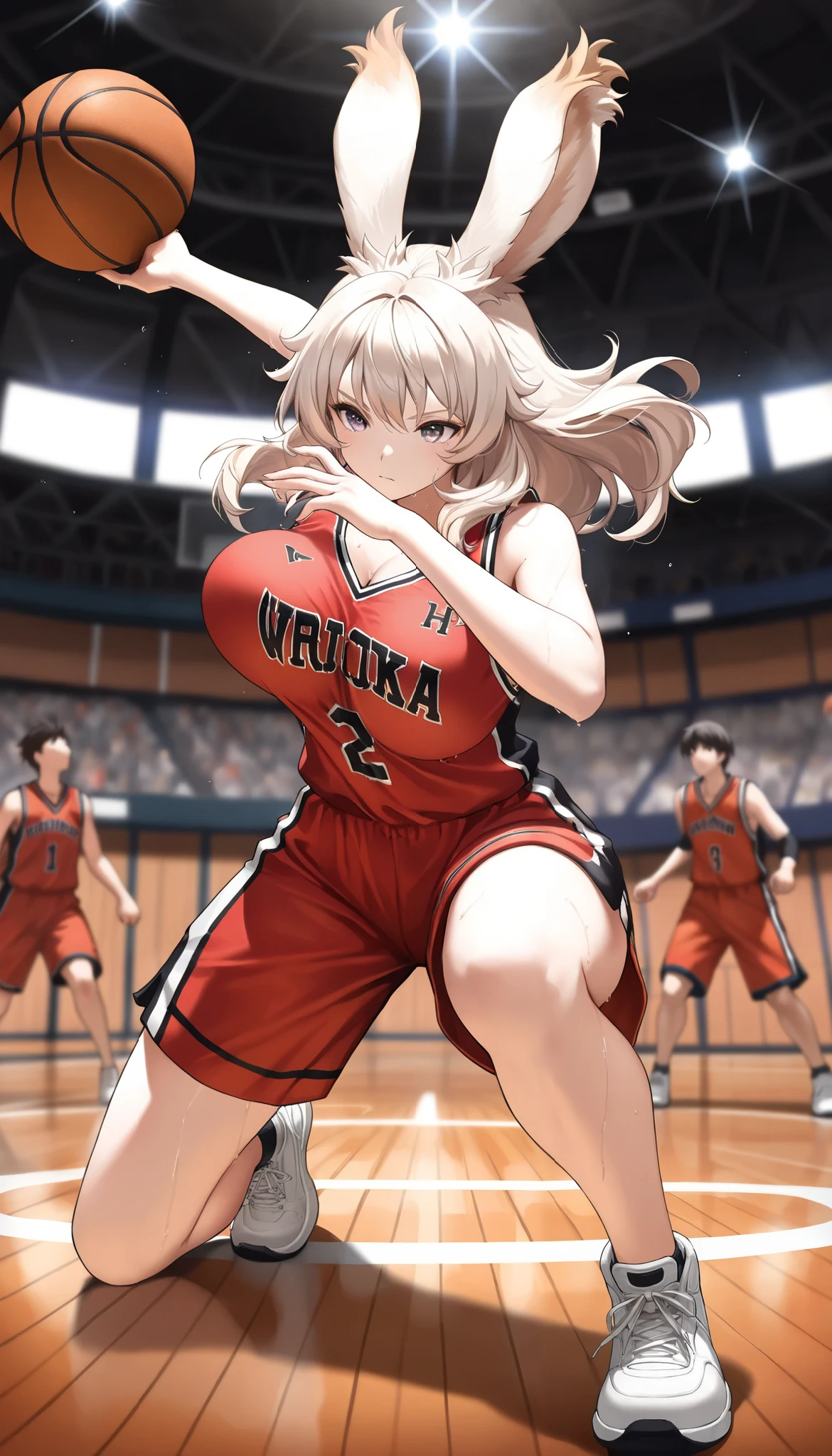 (((( masterpiece)))), (((( Highest quality)))), high resolution,fine grain, detailed face, A very detailed depiction of a face, detailed eyes 、detailed face、Detailed hair 、 sparkling skin 、sweat、viera, Basketball Players, [UNIFORM, , action, big bulging breasts , full body shot