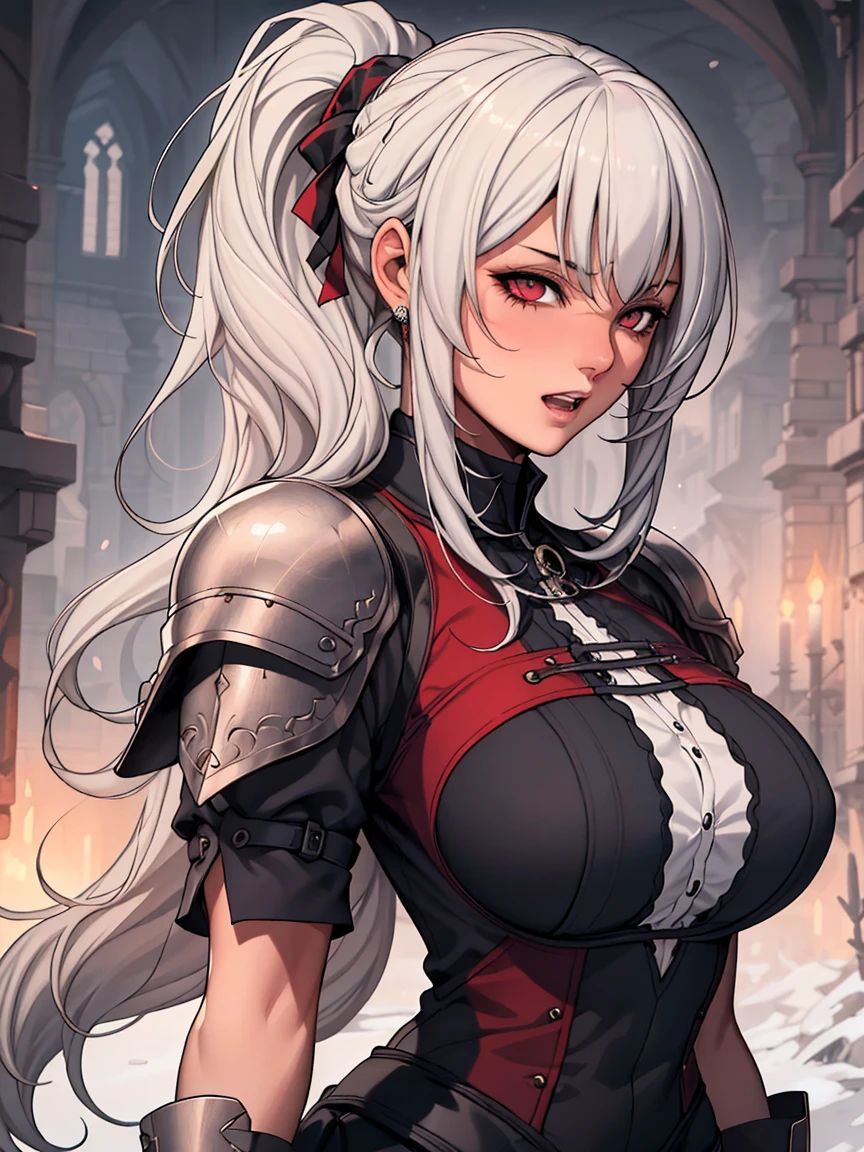 ((top quality, 8k, Masterpiece, Sharp focus, 35mm lens, f/0.8, amazing beautiful perfect figure :1.4)), cinematic lighting, ((natural medium breasts )), (red leather corset armor :1.2),(big sword on back:1.4),circlet on head, (outside the castle background:1.2), Highly detailed face and skin texture:1.2, Detailed black eyes:1.2, super detailed skin, shiny skin:1.2, Squinting , beautiful detailed makeup:1.2, high-fidelity bangs, brilliant light silver wavy medium cut random hairstyle, from below, looking at viewer, inverted triangle face