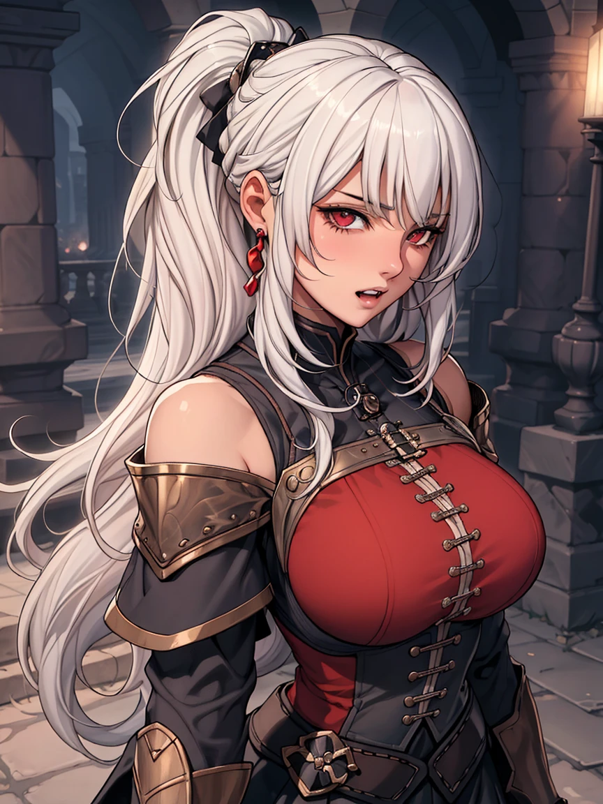 (masterpiece:1.2, best quality), (real picture, intricate details), 1lady, solo, whole body, casual, long hair, heavy makeup, white face, red lipstick, red eyeshadow, natural fabrics, close-up face, serious, warrior, female warrior, armour, really long light platinum blonde hair, bangs, platinum blonde voluminous hair, green eyes, big breasts, big tits, bangs on forehead, Korean bangs, cute bangs, mature face, 1adult, 1 female, 1 woman, fight position, fighting, fight, serious, fighting.