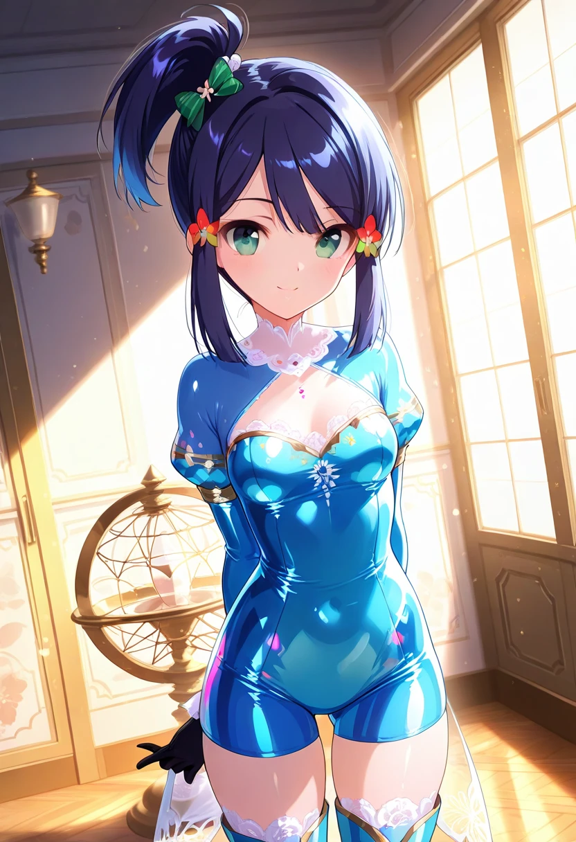 (tmasterpiece,A highly detailed),Reflection of a girl on a glass door,(inverted image),brunette color hair,pony tails,Blue sailor suit,white stockings,small boobs,adorable smile,Amber pupils,finely quality eyes,brightened light,(finely quality eyes)
