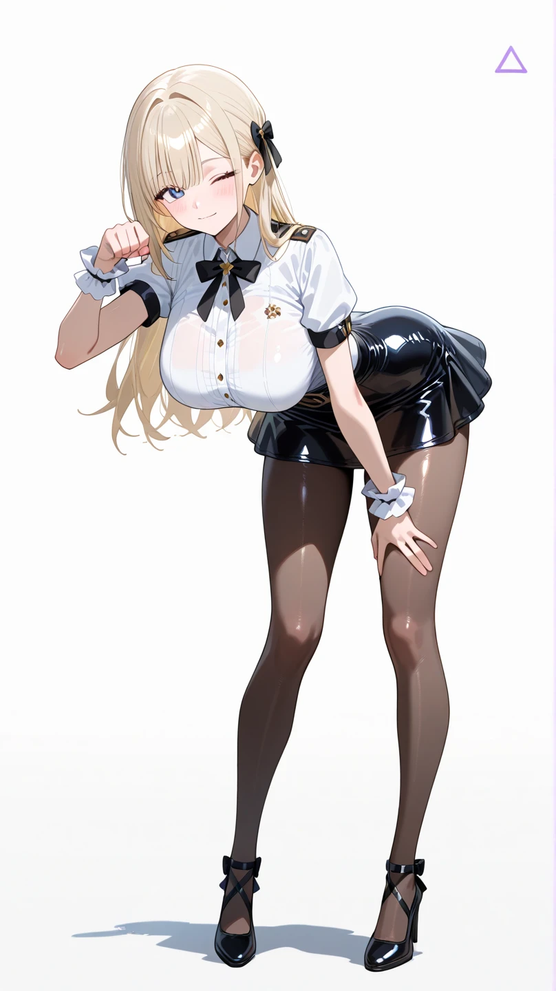 top-quality、realistic touch,high-detail、photoRealstic、Long body、captive beauty、big eye、Colossal tits、Strong platinum blonde eyelashes、platinum-blond、full body Esbian、Sparkling eyes、Submissive smile、Flushed cheeks、Kamimei、thin-waist、Voluptuous thighs、Enraptured look、Raked bangs、The forehead is protruding、Tight and see-through nurse uniform、thigh-high socks、sleeveless、Tight skirt with a large slit、A corset that emphasizes your breasts、