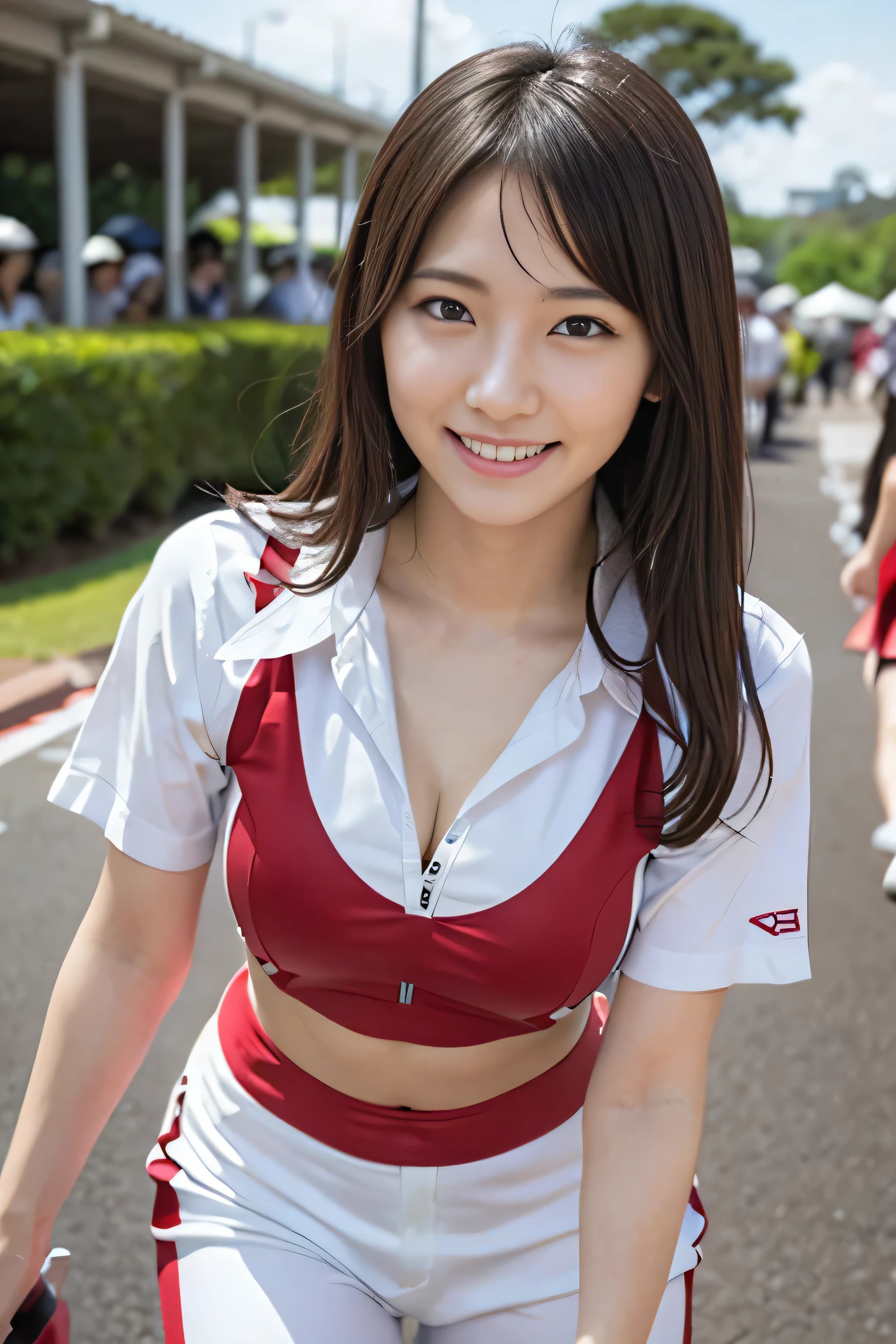 Race Queen, Grid Girls, skirt, No sleeve, masterpiece , Highest quality , detailed , bangs , woman , smile
