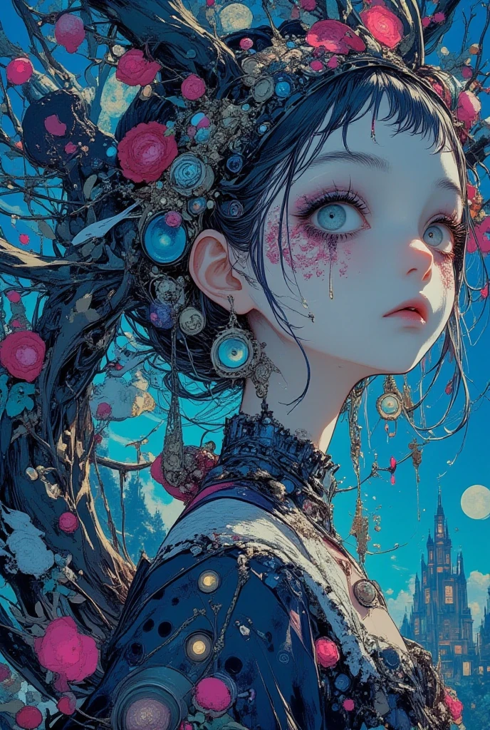 a watercolor extravaganza in the artistic style of Timothy Parker and Yuumei with elements of zentangle dark botanical pattern, double exposure, optical illusion in the form of a hole with burnt, jagged, cracked edges, funny crazy girl peeks out against bizarre metropolis backdrop, rhinestones, glitter, pearl powder, Digital Processing., Bright, memorable, unusual
