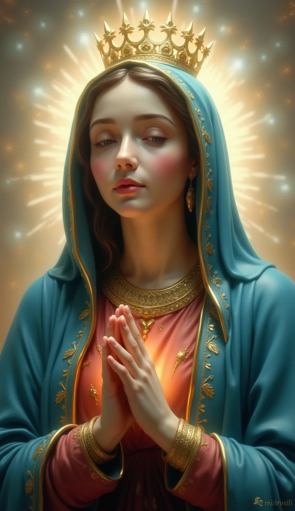 Beautiful Virgin Mary looking at the camera、Has moist eyes, (whole body:1.2), Wearing a reddish-beige tunic with a blue cloak and veil , Slim body, Beautiful legs, whole body, Daytime, Halo