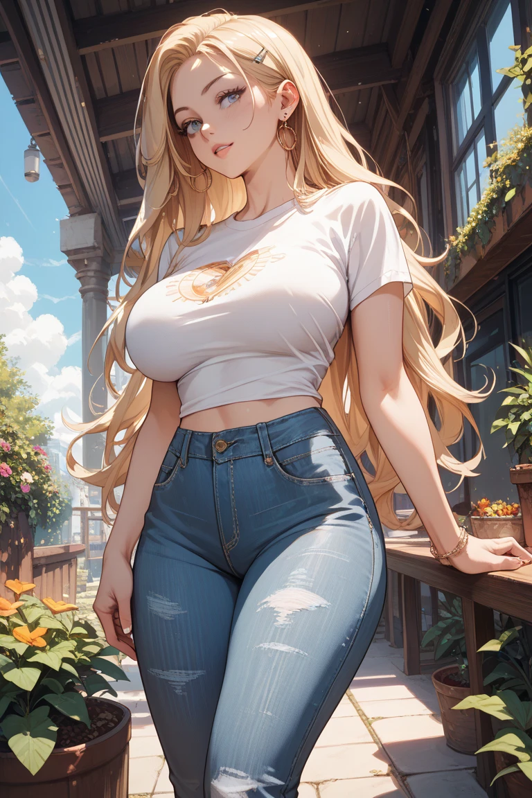 female, blonde long hair, green eyes, pale skin, (((1girl))), (((white long sleeve t-shirt))), (light blue denim pants), (black belt), (black flats), cute and sexy, large breasts, large butt, full body, long legs, smiling, cleavage