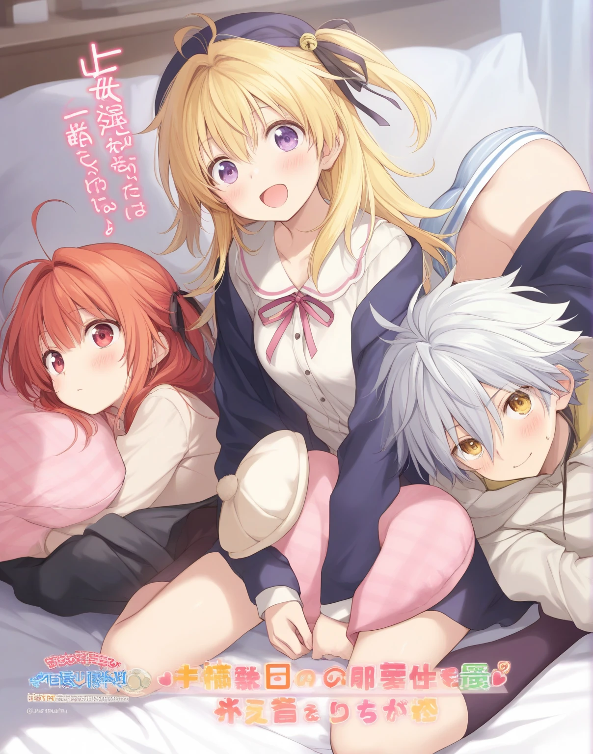 (3girls:1.2),akashi kaoru,nogami aoi,sannomiya shiho 8k, masterpiece, absurdres, anime,(completely nude:1.2),flat chest,pussy,niplles,shy,blush nose,on bed,lie,cum in pussy,(impregnation:1.1),