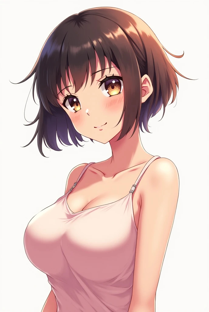1girl, solo, breasts, blush, smile, short hair, open mouth, large breasts, shirt, upper body, comic, grey, looking down, flying sweatdrops, spiked hair, clothes writing, genderswap (mtf), grabbing own breast