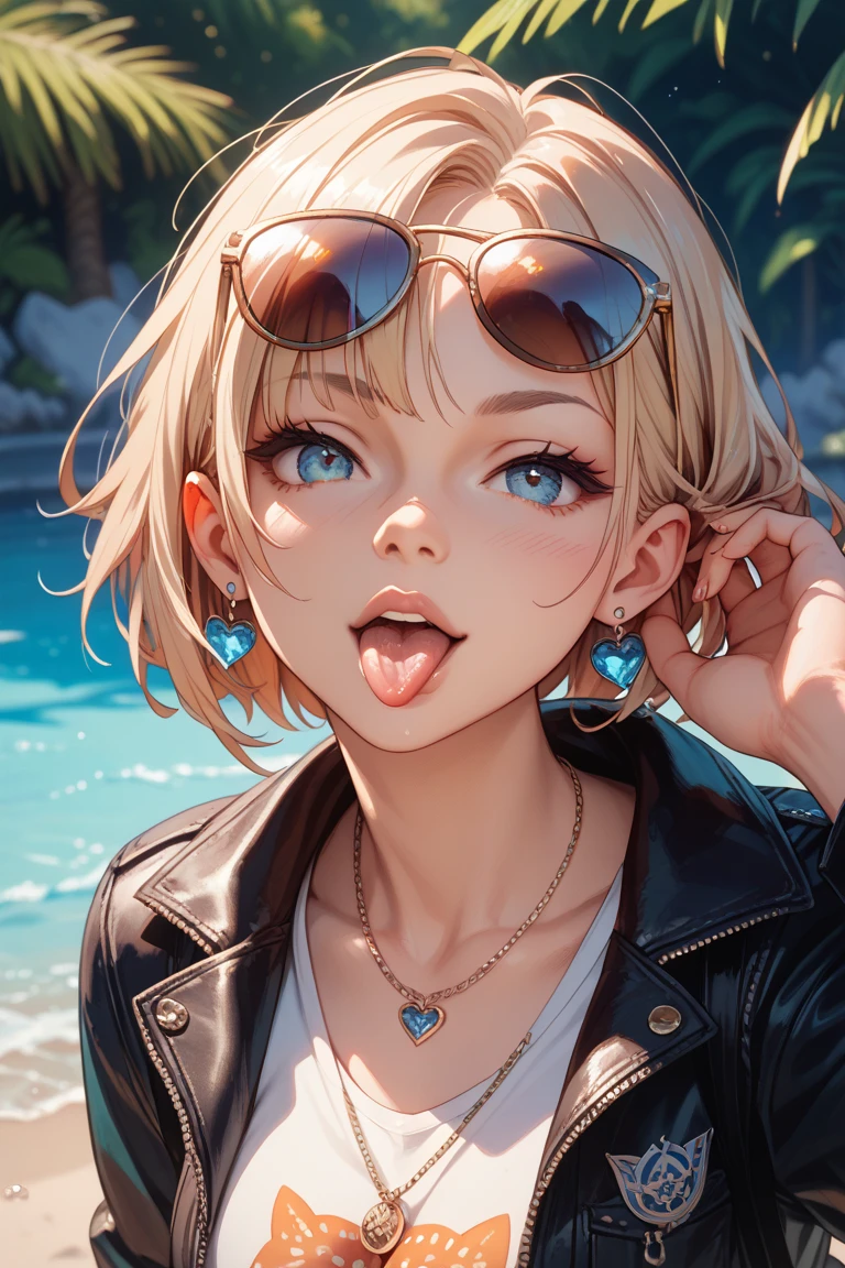 (((One girl))), beach, blond hair, bob cut, breasts, from front, (cowboy shot), glamor, (looking at viewer), ((black shorts)), ((black crop top overhang)), short sleeves, Casual Stance, ((sunglasses)), arms up, midriff peek, teenager, head tilt:1.3, (((blue eye))), ((happy smile)), anime style, (best quality, 4k, 8k, highres, masterpiece:1.2, ultra-detailed, ultra-detailed eyes, HDR, UHD, studio lighting, ultra-fine painting, sharp focus, physically-based rendering, extreme detail description, professional, vivid colors, bokeh), ((Highest quality, Best image quality, Ultra-high resolution, Ultra-high resolution, solo, Strong eye highlights)), Depth of written boundary, Natural soft light, attractive, Beautiful Face, Cleanliness, Pure Face, nedium chest, Beautiful Face, Perfect Fingers, Perfect hands, Perfect body, Perfect Face, Shine a light into your eyes, Perfect ???????