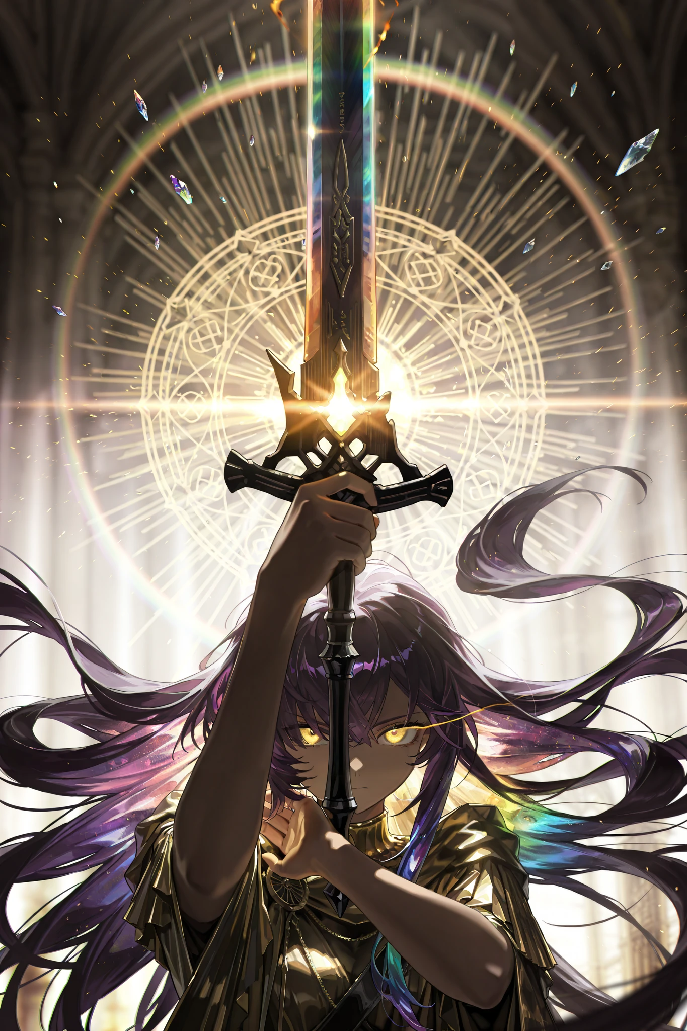 by [arknights|(748cmstyle:0.5)], god rays, cinematic shot, young adult, masterpiece, best quality, amazing quality, very aesthetic, high resolution, ultra-detailed, absurdres, 1girl, solo, alone,(dynamic pose, upper body focus, three quarter view, action shot, medium shot:1.2), one handed crystal greatsword, glowing sword circle, golden eyes, burning eyes, eye trail, translucent eyes, very long hair, (prismatic hair, rainbow hair, reflective hair:1.1), purple hair, glitch art photo, (crystal reflective greek palace:1.04), BREAK, depth of field, volumetric lighting 