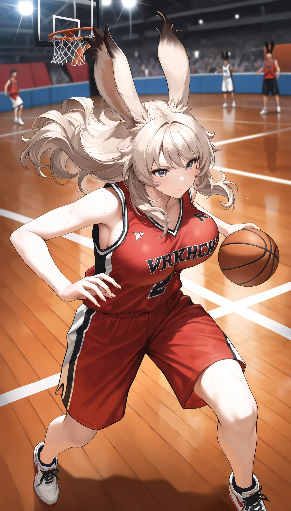(((( masterpiece)))), (((( Highest quality)))), high resolution,fine grain, detailed face, A very detailed depiction of a face, detailed eyes 、detailed face、Detailed hair 、 sparkling skin 、sweat、viera, Basketball Players, [UNIFORM, , action, big bulging breasts , full body shot
