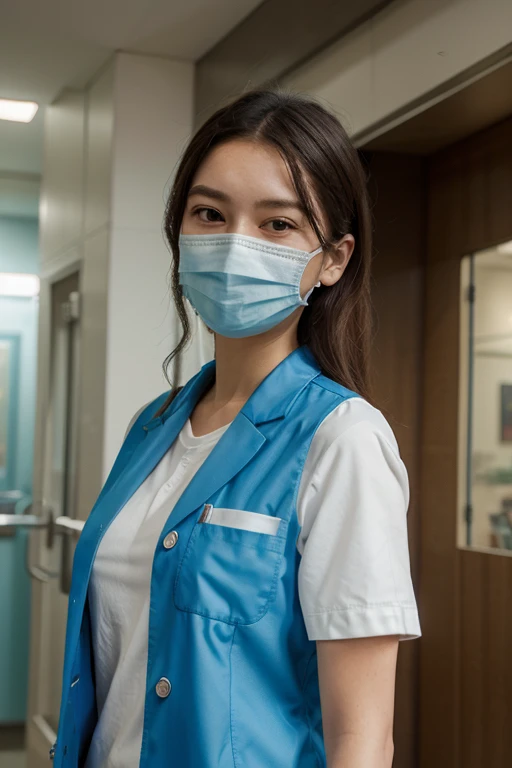 ((最high quality、8k、masterpiece:1.3))、Realistic, Sharp focus, high quality, High resolution, alone, Japanese, A kind smile,Middle-aged women,56 years old, ((Big Breasts:1.4)), (((Big Ass 1.3)))、light brown、Semi-long hair, Wrinkles around the eyes、Embarrassing appearance、A shy smile、((Up to the thighs))、A seductive gaze、A kind smile、Health insurance center staff、Health check-up staff、((Light blue nurse clothes))、Sunny afternoon、((In the hospital lobby))、Holding a document binder、((waiting))、A gaze that seduces viewers、(((He is wearing a white mask to protect against coronavirus.)))