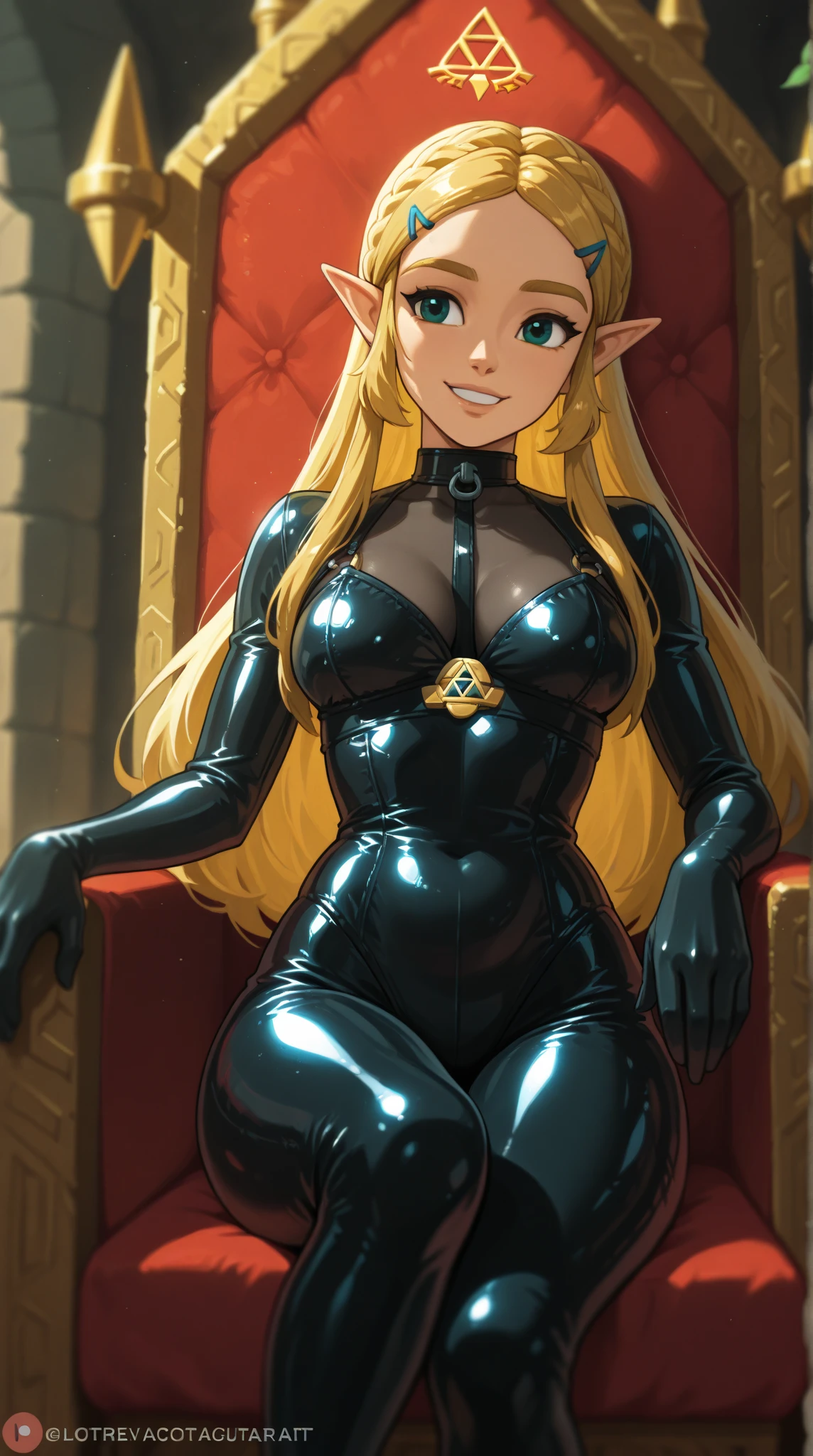 Creation of an illustration of an elf woman in her fifties, long blond hair, ponytail, low-cut black dress, large black boots, medium-sized breasts, long pointed ears, two shiny golden eyes, golden earrings, diamond necklace, provocative face, very sexy body, sitting on a desk, thighs widely apart, large windows, luxurious living room, digital art style