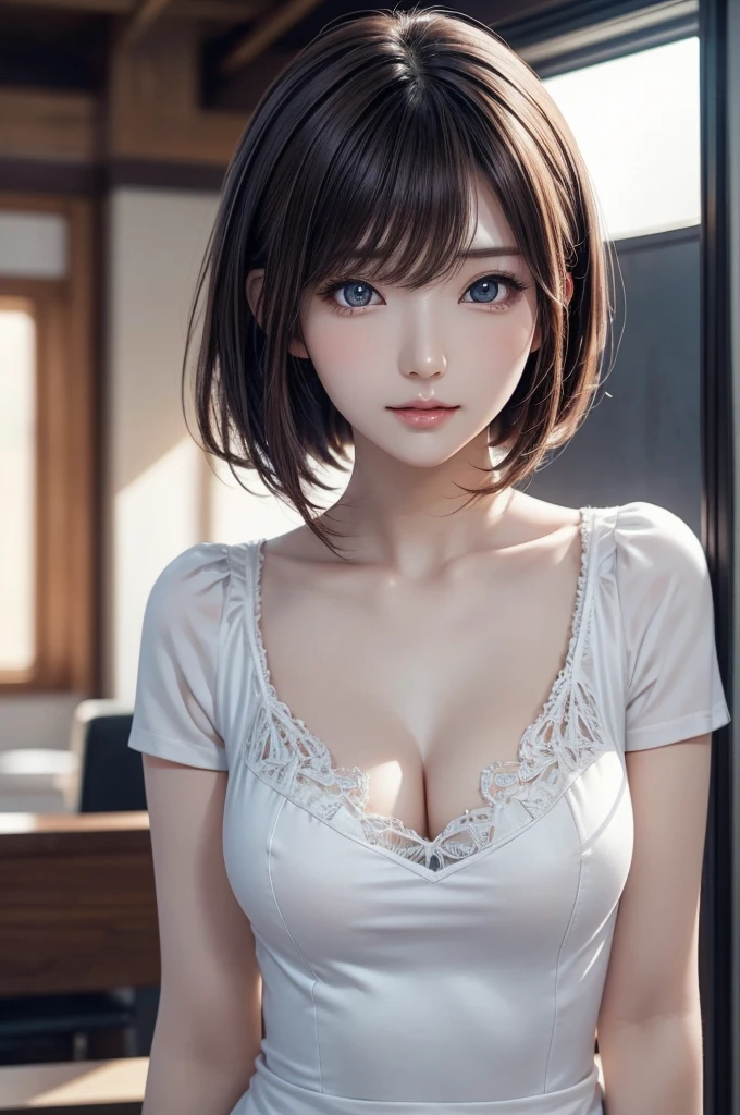 photo realistic, anime style, (8k, RAW photo, best quality, masterpiece:1.2), High detail RAW color photo, professional photograph, cowboy shot, (realistic, photo realistic:1.37),cinematic light, (finery detailed face:1.2), cowboy shot, thigh 1 girl in bath, 28-38 years old, very cute, very beautiful, photo realistic, event companion, BREAK, white oily skin, real human skin, (detailed face), oval face, pores, round eyes:1.0, ultra high res, BREAK, slim, (medium-large-breast:1.37, cleavage:1.37), (looking straight at viewer with a serene and goddess-like happiness:1.2), (lifter gloss, eyelashes, gloss-face, best quality, ultra highres, Broad lighting, natural shading), (beautiful thin short hair, wavy pony-tail hair style:1.5, shiny-black hair:1.5), BREAK, (esthetician uniform:1.3, white shirt;1.3, open shirt:1.3, kenn-length pencil skirt:1.3), BREAK, ((detailed bedroom view:1.3, on bed:1.3, night room:1.5)), ((light smile, open mouth:1.5, humid, in heat, blush, seductive emotion, aroused)), ((from below:1.3, all fours:1.3, kneeling:1.3, hands between legs, leaning forward)), blurry background, bokeh, depth of field, cowboy shot:1.3, centered image,