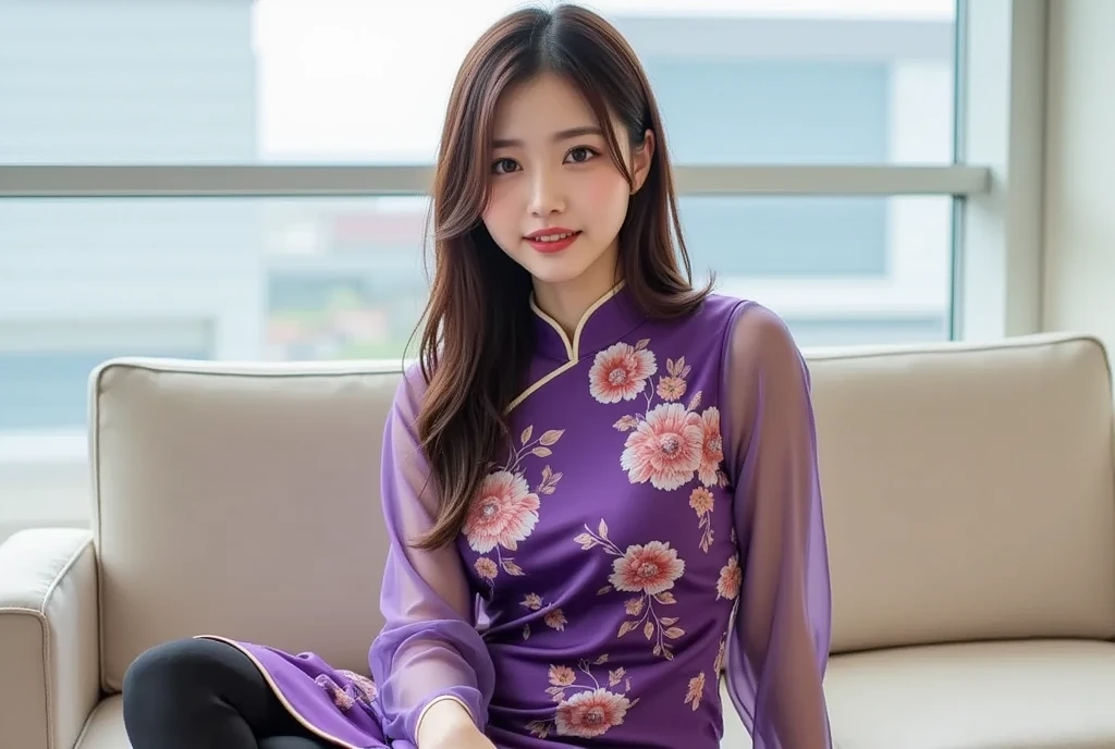 masterpiece, Multiple mature women per photo, Front view, Cute Japanese middle-aged woman, Long Bob Hair, (Lavender colored floral ao dai), Very cute face, Glossy Lips, Double eyelids on both eyes, Natural Makeup, Brown Hair, Asymmetrical bangs, High resolution, Attention to detail, Detailed hairstyle, Detailed face, Octane Rendering, Ultra-realistic, Perfect limbs, Black choker, Blue Eyes, Big Breasts, ((Slim body:1.5)), Cool Beauty, ((Slim face)), smile, ((Straight Long Hair)), Mature sex appeal, ((Woman handing over a small bag)),Big breast swelling、NSFW:-1.2, Wood grain table, Wooden wall, Sticker