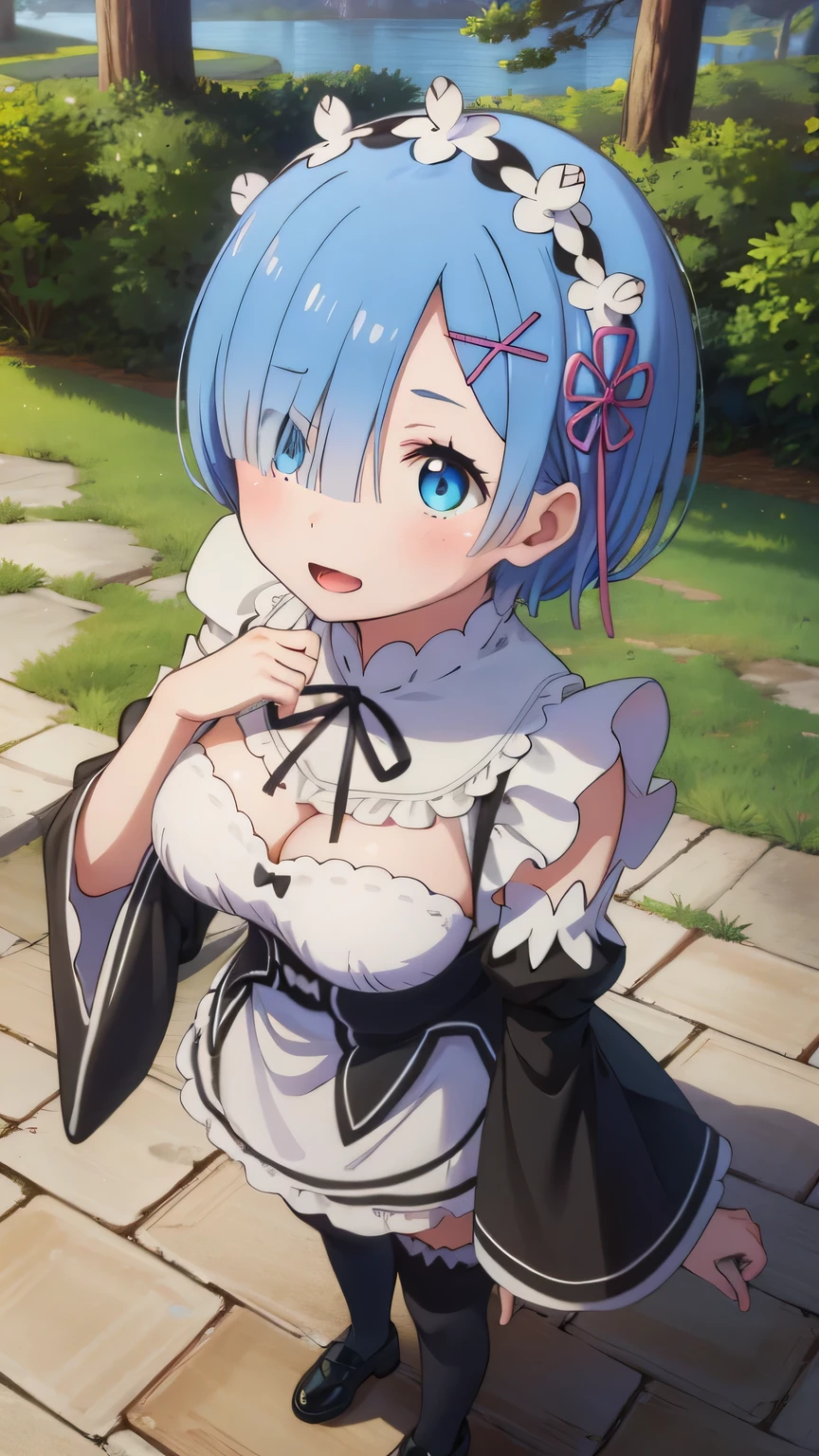 masterpiece, best quality, 1 girl, detailed beautiful face, short hair, blue hair, headband, smiling, maid costume, embarrassed, blush, bent over, downblouse, big breast