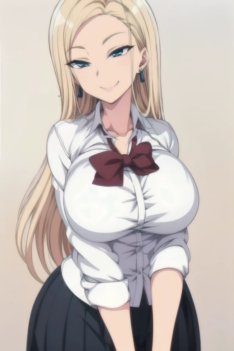 masterpiece, best quality, 1girl, solo, breasts, cleavage, blonde hair, long hair, parted bangs, blue eyes, looking at viewer, sweat, large breasts, (dark skin:1.3), white collared shirt, pleated skirt, flashy gyaru, happy, showy,too many accessories, colorful , kogal, kogal gyaru, necklace, earrings, bracelet, bra peak, makeup