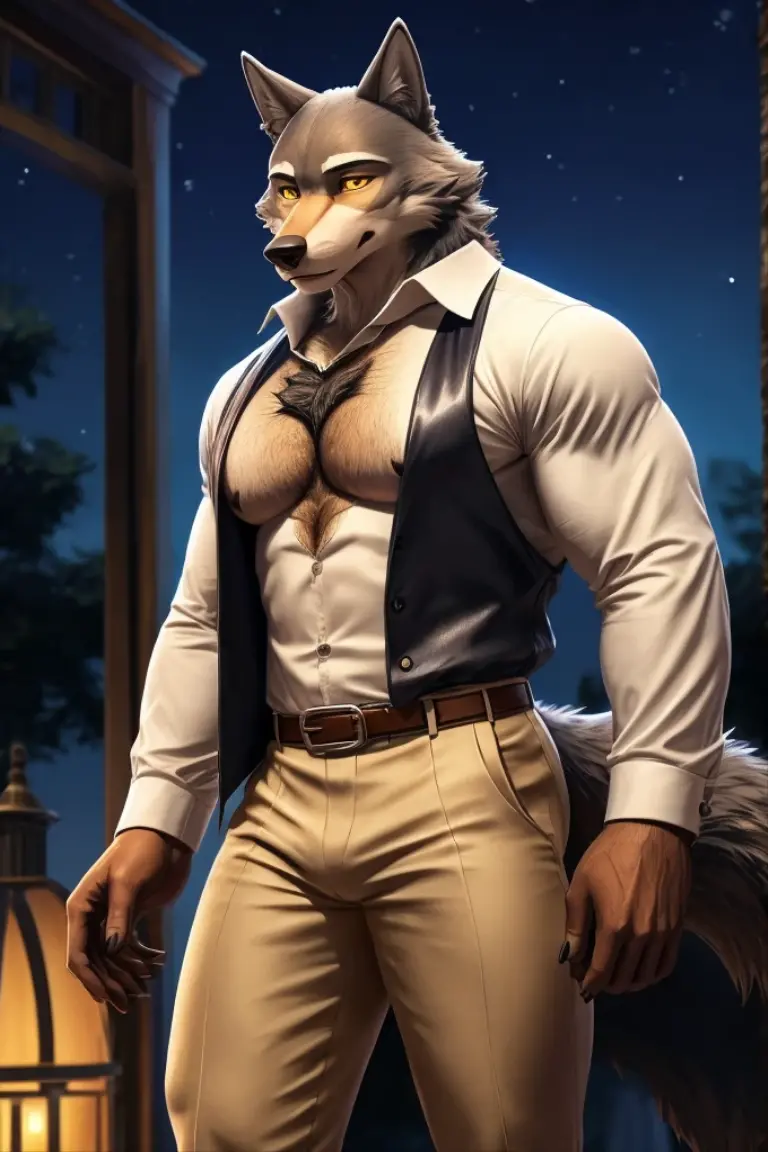 Mr. Wolf is a wolf, he has a slender build, with a dark grey snout and a white underbelly, he has deep, dark brown eyes with yellow sclera, and thick black eyebrows, with the left one having a subtle notch, Wolf likes to maintain a well-groomed and attractive appearance, and is mainly seen wearing a casual suit consisting of a cream-coloured blazer unbuttoned over a bright white dress shirt, He wears cream-coloured dress pants, a brown leather belt, and a pair of brown dress shoes, anthro wolf, male, adult, muscles, brown fur, buffed body, tail, sexy, beefy body, furred body, furry chest hair, realistic, full body, photorealistic, ultra realistic, 8k, night, bare-chested