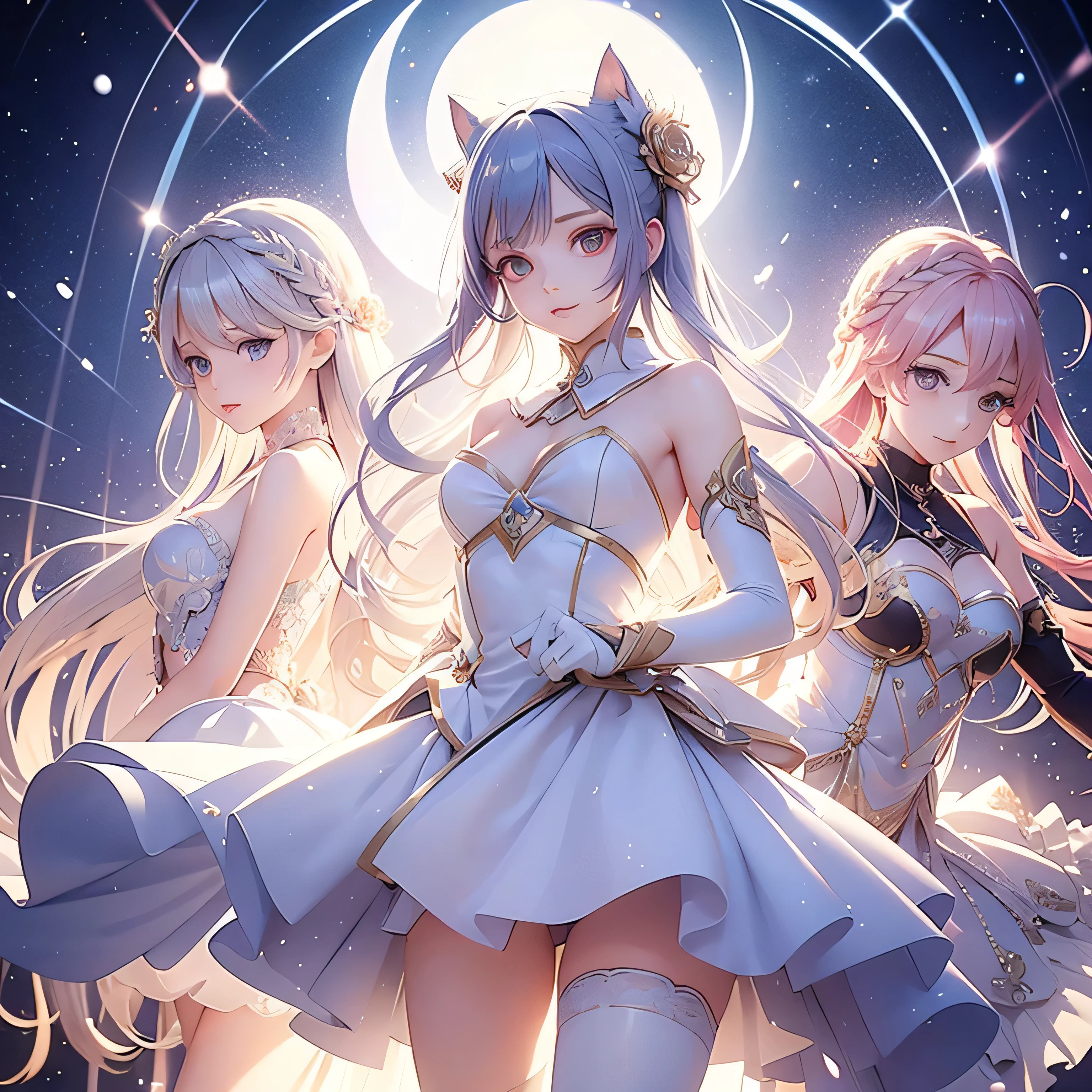 adolable,lgirl,star earrings,long whitr hair,Heteropupil,Sit on the ground with your knees bent,slanted bangs,exteriors,Light snow fell in the sky,The small mouth opens slightly,Faint starlight,The cheeks are slightly red from the cold,White hair,White hair,White hair,There are dull hairs,Bare legged,Star little white socks,legs are open,shyexpression,White panties leaking out,cat ear,Cat tail