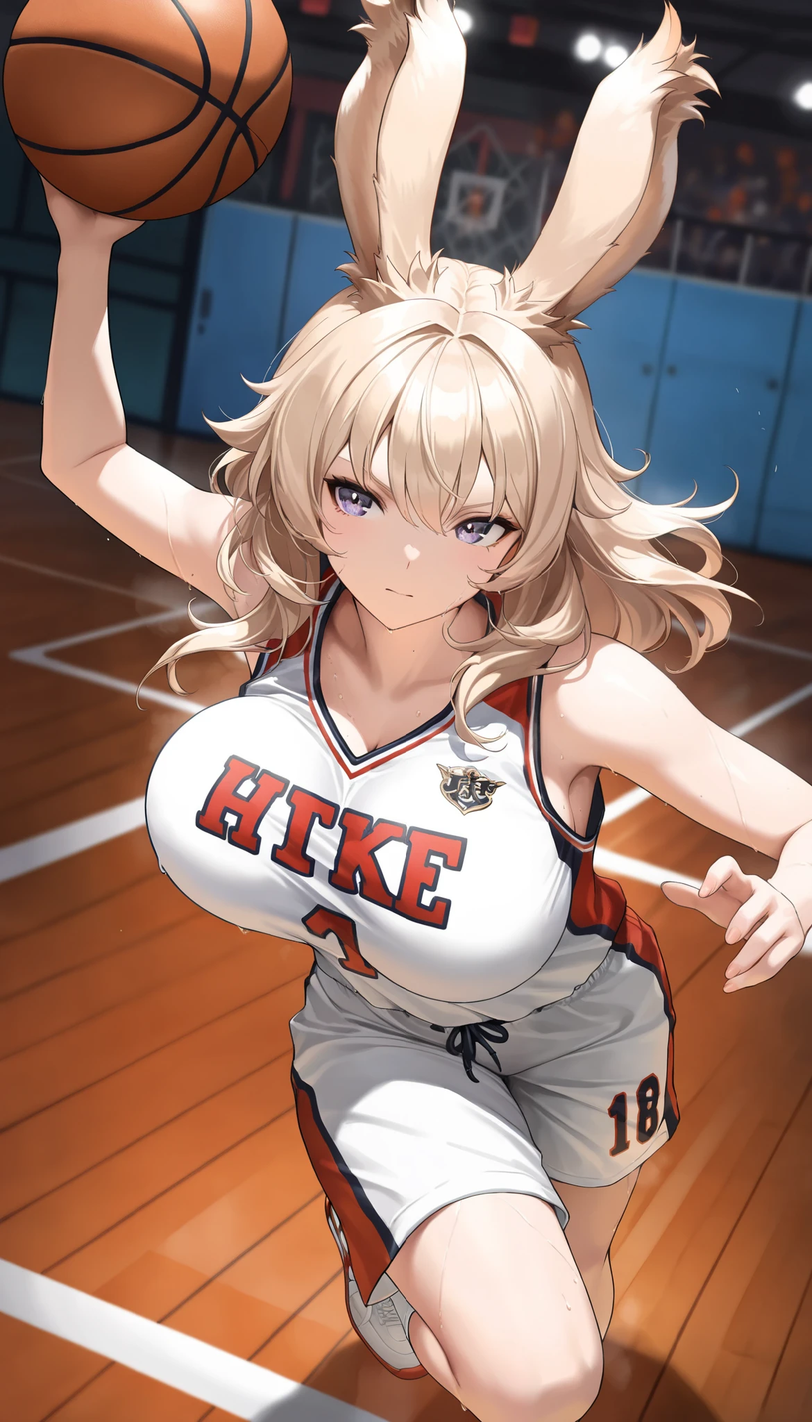 (((( masterpiece)))), (((( Highest quality)))), high resolution,fine grain, detailed face, A very detailed depiction of a face, detailed eyes 、detailed face、Detailed hair 、 sparkling skin 、sweat、viera, Basketball Players, [UNIFORM, , action, big bulging breasts , full body shot
