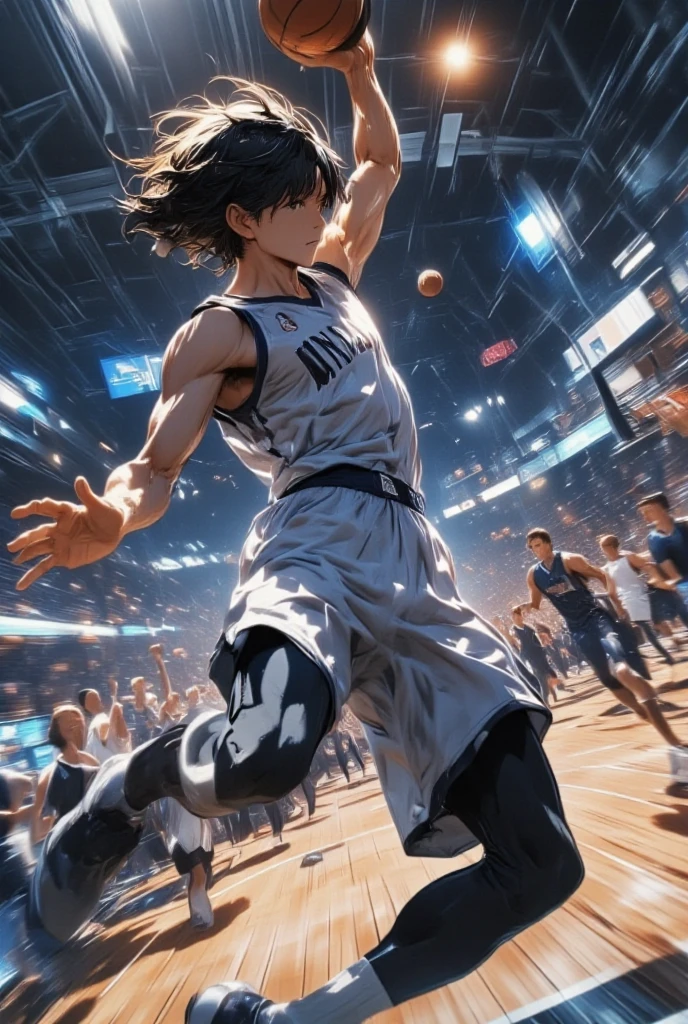 NBA basketball scene, (dark-haired young man