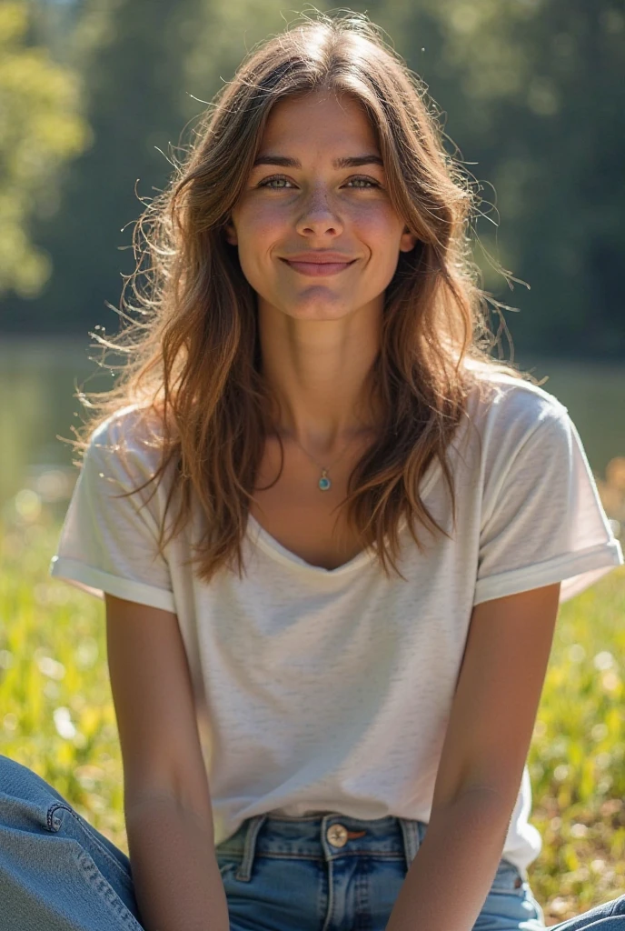  create a pretty fair-haired 23 y.o. woman in thin cotton opened jacket with no bra standing in a field of tall grass teasing with sexy look and smile and looking at the camera, 1girl, seduce smile, 3d, net panties, no bra, areols, blurry_background, breasts, day, depth_of_field, grass, lips, long_hair, looking_at_viewer, medium_breasts, navel, outdoors, photorealistic, realistic, solo, standing, tree, uncensored, (perfect beautiful face)