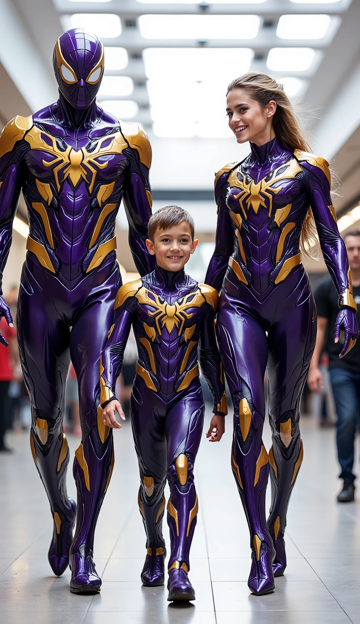 character: 1 man with mask full head, 1 boy, and ung women.
action: Walk straight and look straight ahead.
Expression : smiling.
Costume : they Wearing futuristic purpi Spiderman body suit with gold armor.
Background : A bright indoor public space , with people vaguely seen in the distance, shows that this picture was taken at a fun event or get-together, maybe a convention or costume . They radiate happiness as they walk confidently in their superhero costumes. Show the whole body.