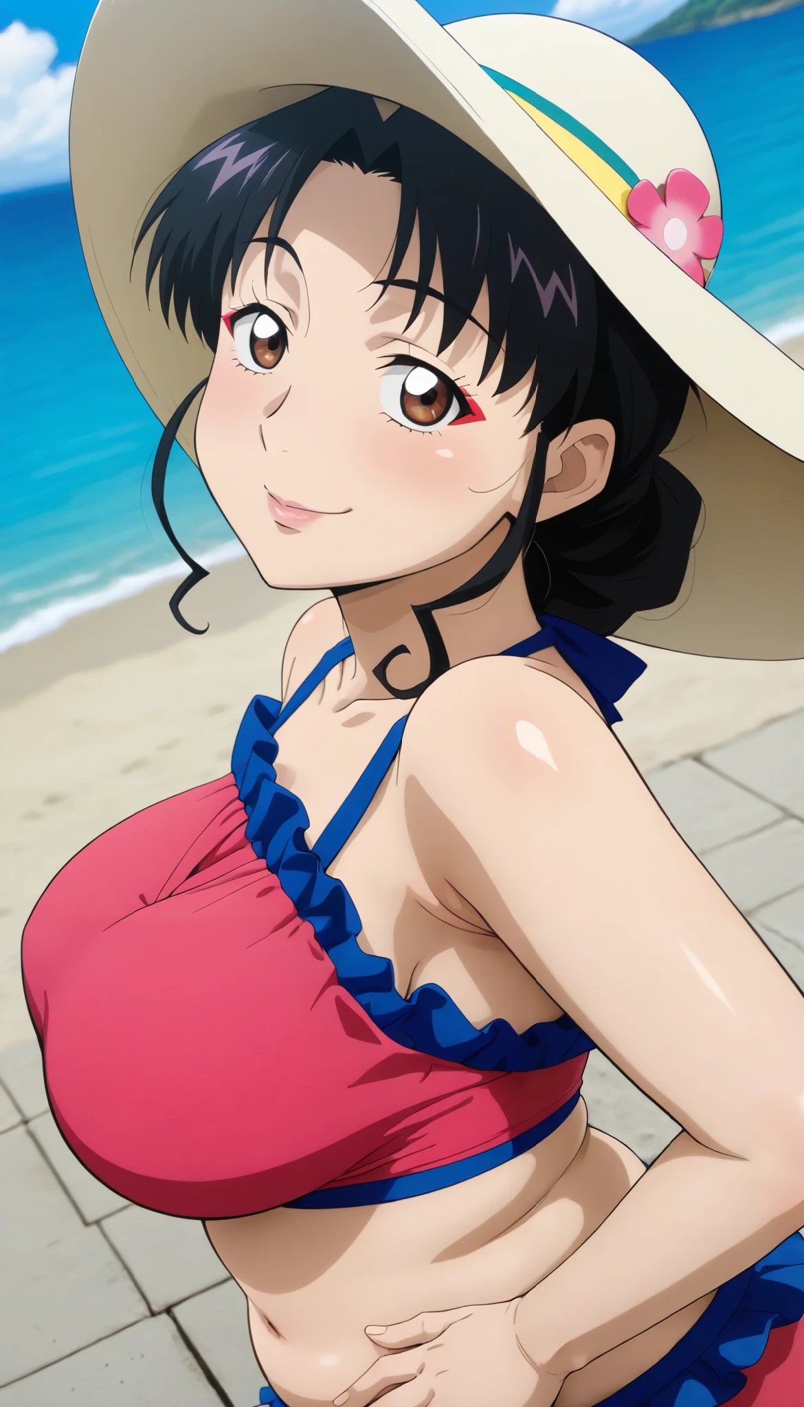 core_9,score_8_up,score_7_up,),score_9,score_8_up,score_7_up,{{anime, low angle, upper body, Dutch Angle, source_anime, outdoor, strand, sea, colorful, vibrant, blurry background, viewers, solo, crowd}} mature women, , Japanese, white skin, plump, big on the floor, mature eye , housewife, red eyeliner, gentle eyes, black hair, kakiage bang, brown eyes, medium hair, side lock, ruffle bikini, sun hat, kind smile, puts hands on hips、(seductive smile:1.5)