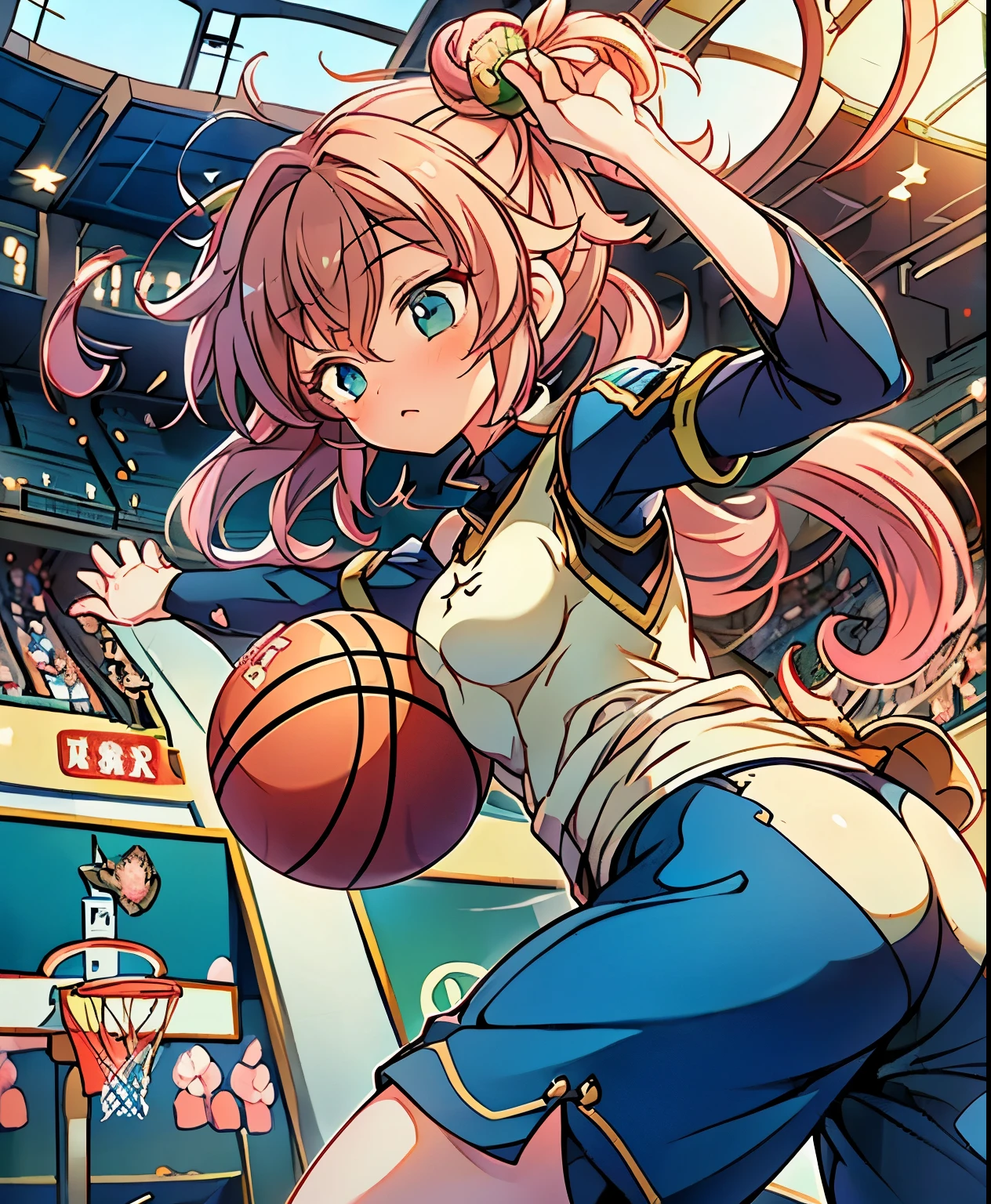 ( masterpiece、 Highest quality、 Highest quality、Official Art、 beautiful and beautiful :1.2)、(one girl from before the evening:1.3) ,、Light green twin-tail, beautiful breasts,Only one female, ( dynamic posing in front of a cherry tree:1.2), /(basketball uniform/), determined expression , (masterpiece Highest quality:1.2) delicate illustration super detailed, NBA basketball player, クロップトップのbasketball uniform,They are playing a fierce game. players dribble at speed、aim for a basket in the air,The、lively action scenes, Inside the gym、basket coat in navy blue and red、audience、Inside the stadium、slam dunk、Dunk Shot