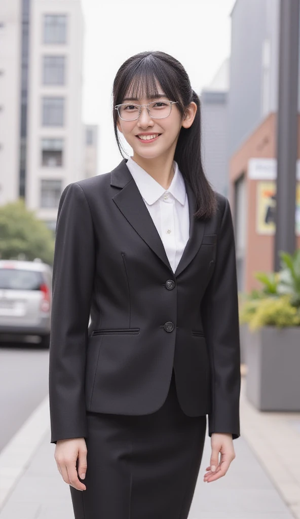 An image of Chinese school girl aged 20. She wears university uniform and it looks posh. She has big ches, she has monolid eyes and she wears glass.