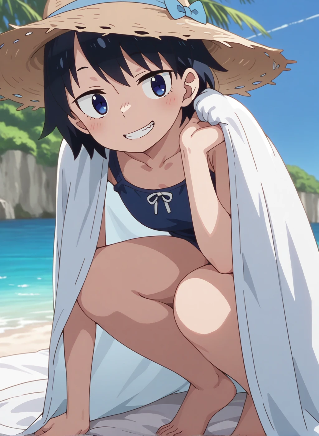 (((masterpiece))), Highest quality,Highest Resolution, Visual image of the anime, Perfect Anatomy, One Girl, 10 years old, (boyish), Flat chest, Black Hair, short hair, (Sunburned skin), white one-piece dress ,Straw hat, Red sandals, Anime Character Panties, Squat,smile, Summer sky, River side, Japanese countryside, Cinema Lighting, Beautiful attention to detail,sunlight, Composition from the front, Top View, Peace sign with both hands