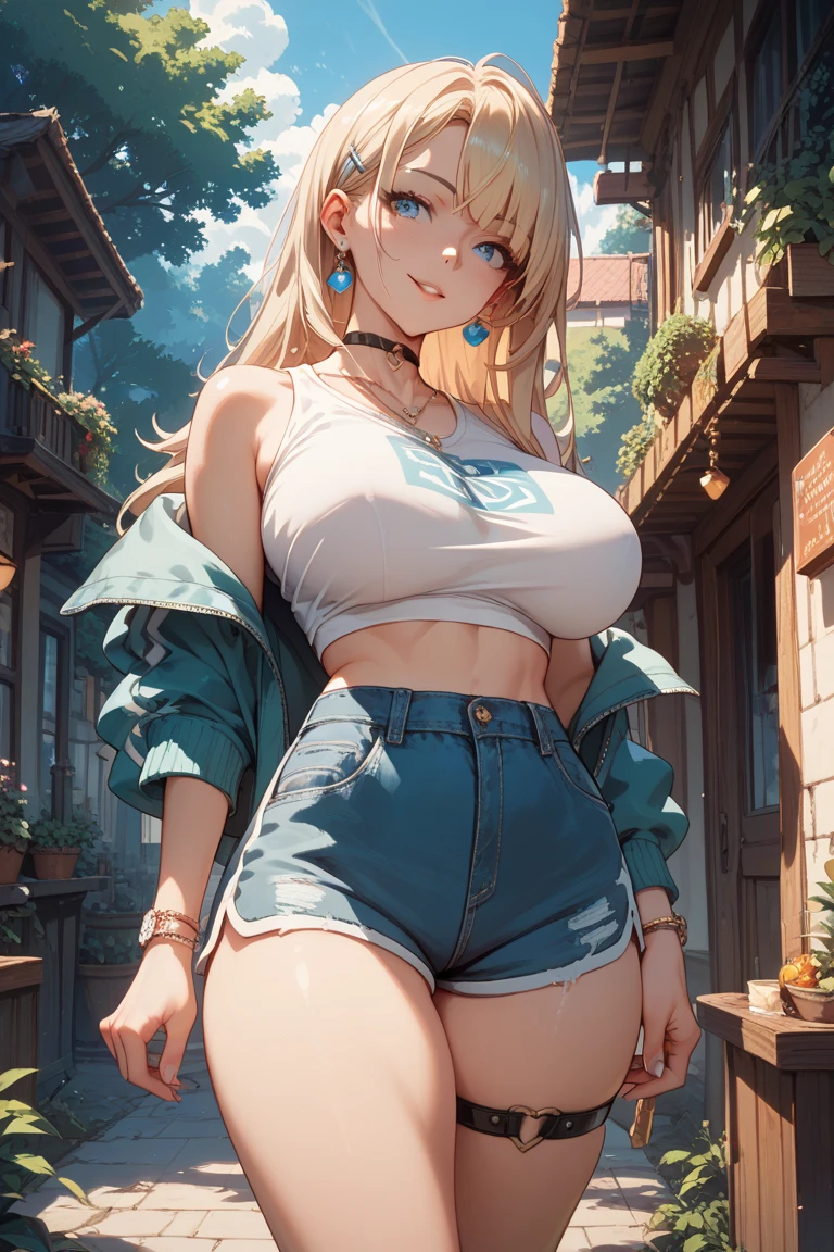 high school girl, skinny jeans, low top converse sneakers, thick bra indent, white baggy shirt, blue eyes,  blonde hair, cute, sassy, sexy, gyaru, pastel pink, high angle ponytail, D cup breasts, standing under cherry blossom tree, hourglass body type, romantic, black necklace choker, (8k, best quality 1.2), ultra-detailed, 8k uhd, soft lighting, high quality, smooth strokes, cheeky pose, bending butt outward