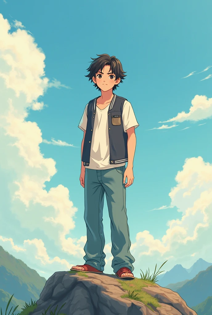 1boy, (ink primitive art: 1.2), (line art: 1.33), (best quality, masterpiece), superlative, age male, boy, boy, short hair, white skin, white shirt, trousers, muscles, petite, bright, clouds, wind, urban, colorful, outdoor, full body, simple background, brunette hair (beautiful detailed face, beautiful detailed eyes), hands relaxed, head slightly raised,