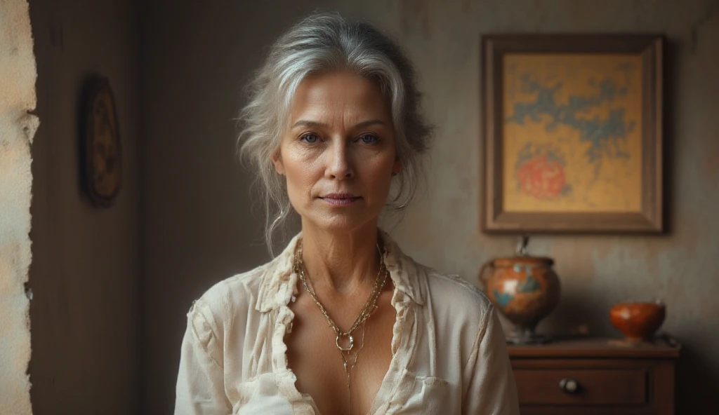 portrait of a 65-year-old woman with gray hair, seductive gaze, long gray hair, brown eyes, a lot of wrinkles on her face, old woman, detailed wrinkles (8K, high resolution、The ultra -The high-definition、staying on a premium yacht, An ultra-high picture quality、Ultrarealistic、Best Quality、masuter piece:1.2)(medium chest、Large cleavage:1.2)(medium breasts are exposed、(Old women in Europe) transparent western tunic dress, clearly visible pubic shape, partially visible breasts, eyes visible through hair, proper eye position,cinematic light, , soft light, hips, night time, soft moonlight, detailed color graded background, intricate, highly detail, 8k, bondi beach background, beautiful beach background