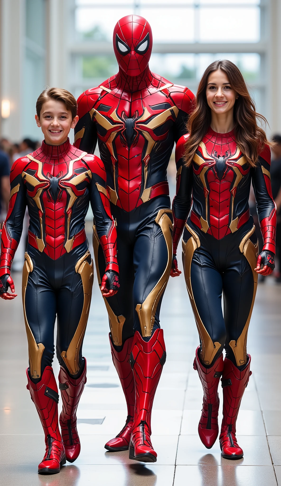 character: 1 man with mask full head, 1 boy, and ung women.
action: Walk straight and look straight ahead.
Expression : smiling.
Costume : they Wearing futuristic red Spiderman body suit with gold armor.
Background : A bright indoor public space , with people vaguely seen in the distance, shows that this picture was taken at a fun event or get-together, maybe a convention or costume . They radiate happiness as they walk confidently in their superhero costumes. Show the whole body.