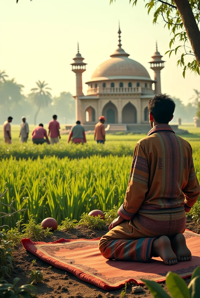 A diverse group of people from different religious backgrounds, depicted in traditional attire, standing together in a serene garden setting. They should be shown engaging in friendly conversations or sharing a meal, symbolizing harmony. The backdrop could feature an iconic Mughal structure, with a soft golden light, symbolizing the warmth of Akbar's vision