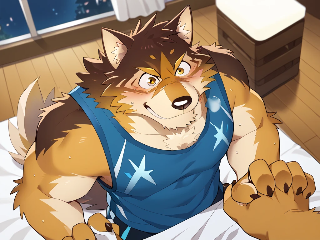 Scribble 黑色柴dog face,Cute face,Humanity(dog),(Topless:1.3),muscular,(White eyebrows:1.1),(Erotic panties),(Perfect black eyes),(artist:Takemoto Arashi),(Bulging buttocks),Bedroom scene,Scars on the stomach,Tears,Sad expression。