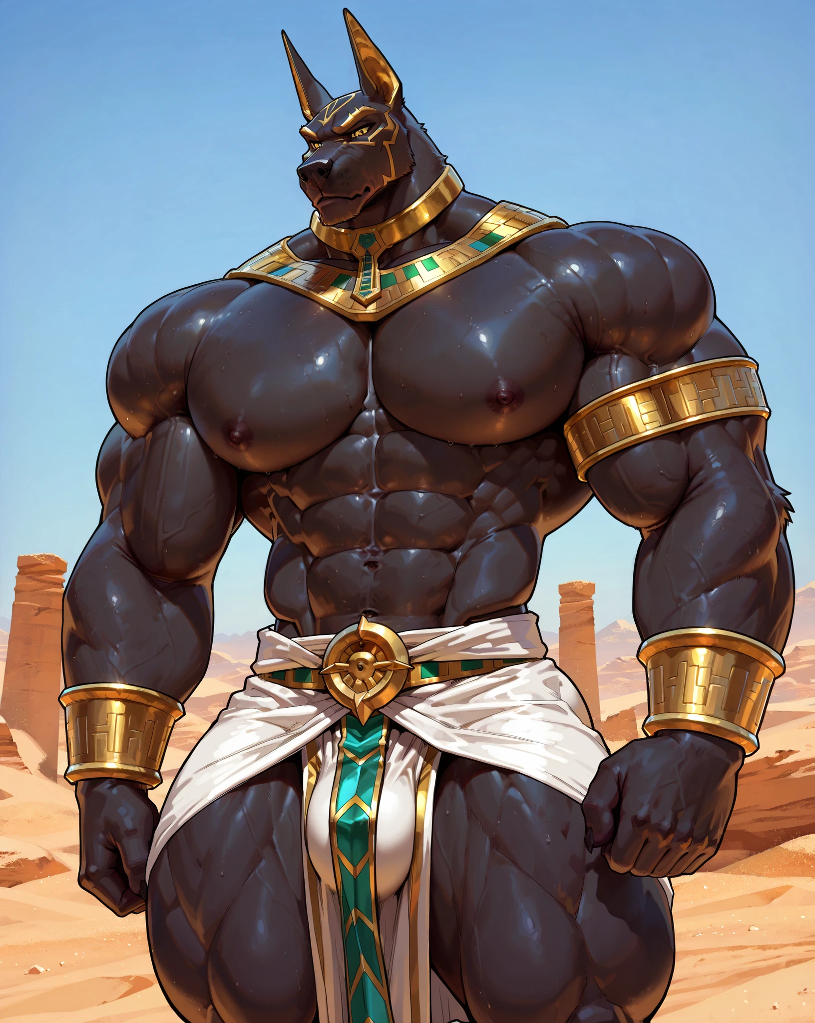 masterpiece, best quality, amazing quality, correct anatomy, absurdres, intricate details, high resolution, hyper-detailed, 1male,
((solo)), male, ((jackal)), anubis, yellow eyes, black fur,
((massive size difference)), ((10 feet tall)), muscle, massive, big muscle, ((massive muscle)), dominant, rough, abs, eight pack, pecs, (wide shoulder, wide pec, massive pec muscle thick arms),
mature, rugged, old male,
cowboy shot, desert background, serious, Shendyt Kilt, Usekh, gold armbands, (from below)