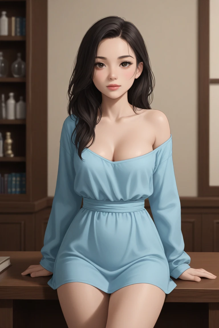 sexy girl, beautiful young korean woman, gorgeous woman, cleavage, (very realistic), (high resolution), (8k), (incredibly detailed), (best illustration), (beautiful complex eyes), (best quality), (super detailed), (masterpiece), (wallpaper), (detailed face), solo, (dynamic pose), one girl, chair with white wavy hair, korean, iris heterochromatic iris, small moles under the eyes, (short apron), (big breasts), (big buttocks), long legs, toned abs, (camel toes), (without panties), leaning forward (without bra), accentuating breasts