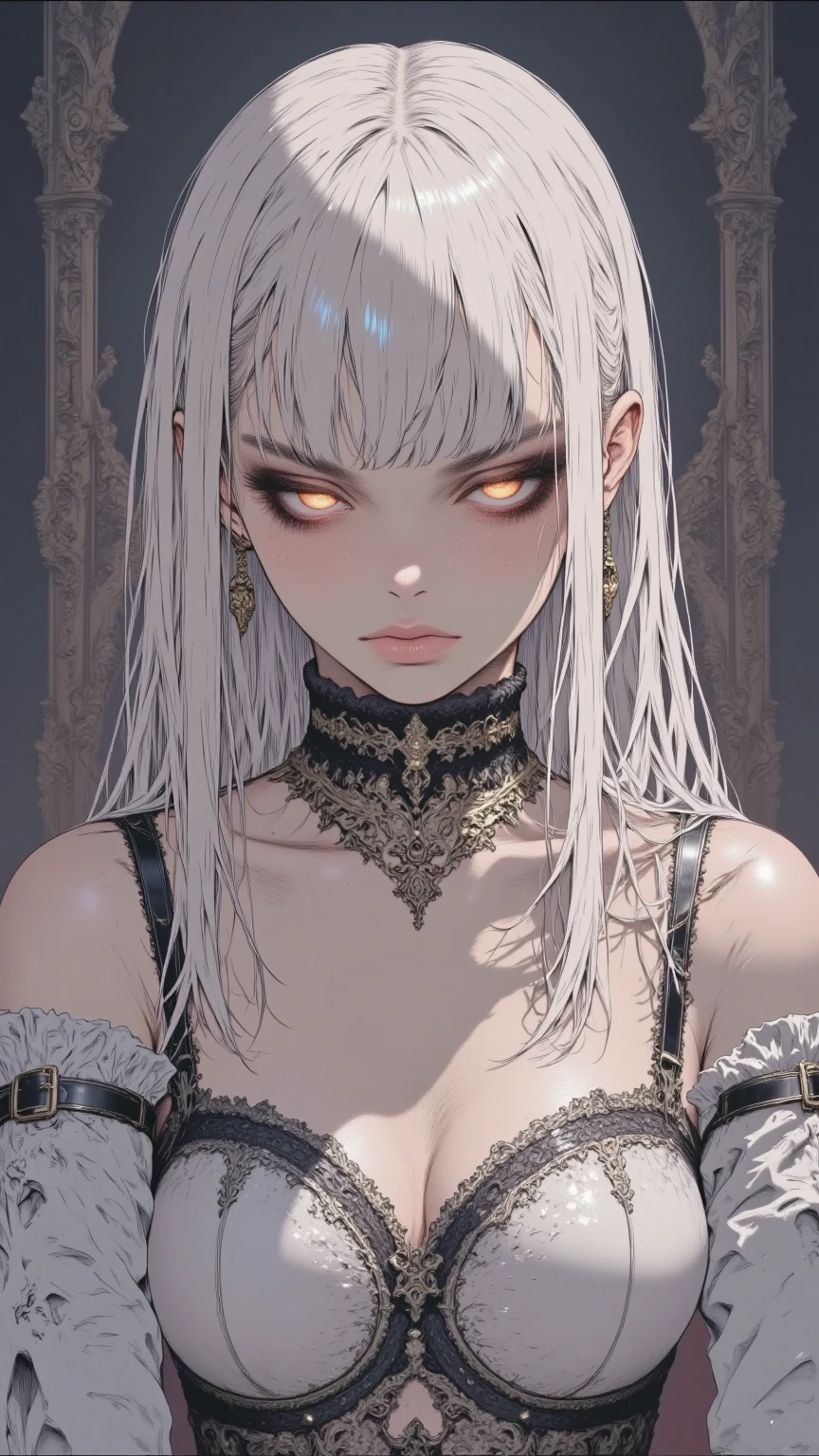a girl monster, slave, chained, beautifu, Full-length, lots of details, delicate facial features, piercing eyes, sharp fangs, pale skin, thick chains, dark background, cinematic lighting, dramatic shadows, gothic style, moody atmosphere, dark fantasy, high contrast, muted colors