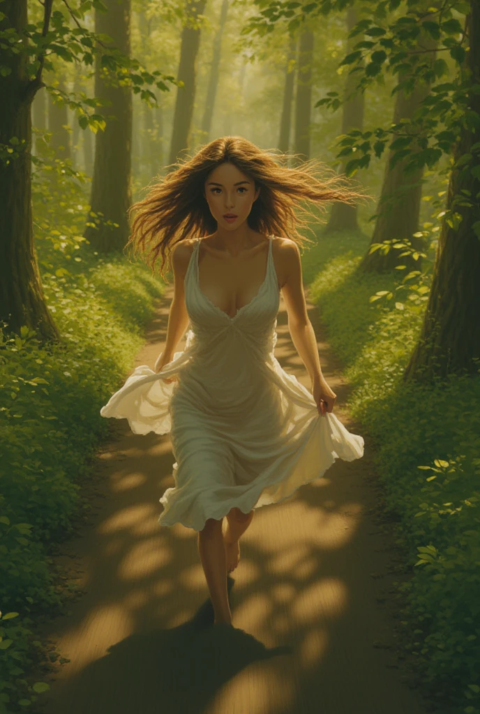 Bamboo forest, a confused and embarrassed nude woman (Kate Mara, age 25, panicked, nude, covering herself as best she can with her hands and arms) is in a spotlight being cast down on her from a hovering UFO, assorted clothes float down from the UFO. flapping in the wind, night