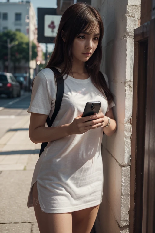 there is a woman standing outside of a building, goddess checking her phone, she is holding a smartphone, checking her phone, checking her cell phone, photo of gorgeous woman, tanned young woman, text and a pale young woman, young indonesian woman, beautiful city indonesian woman only, woman holding phone, sophisticated young woman