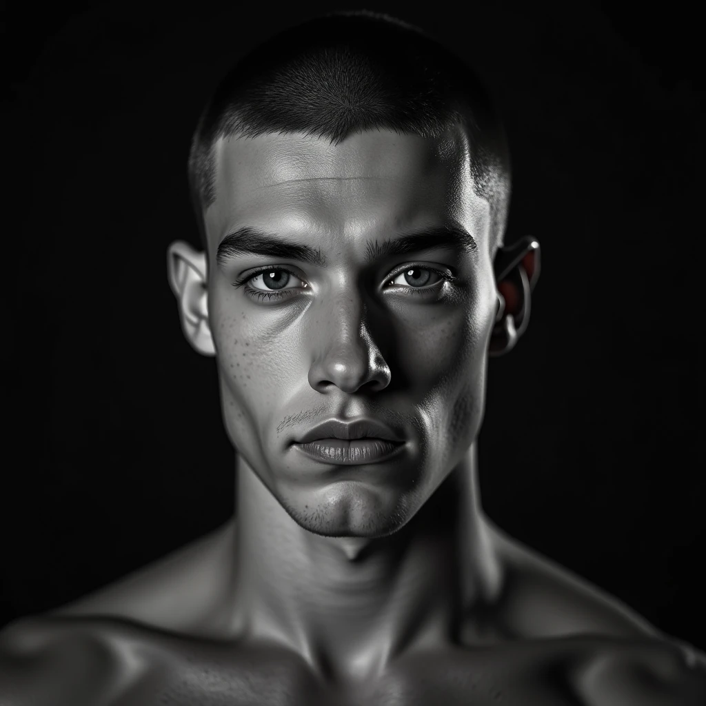 white, teenage man, hot, handsome, wide jawline, big nose, dark eyes, evil eyes, sixpeck, robber, psycopath, veiny hands, dark blonde hair, buzz cut, thicker upper lips, square chin, shaved.