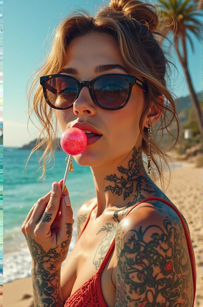 (work of art, best qualityer:1.2), 1 girl, standing alone, high qualiy raw photograph of a young (((goth girl, licking a red lollipop ,holding lollipop on hand))) , ((cut hair with bangs)), , ((Hot girl, sexy, sensual)) , vibrant neon colors, cool sunglasses, silhuette, gazing at viewer, praise, ultra HD, precise, texturized skin, super detaill, High details, high qualiy, high resolution, 1080P, 4K