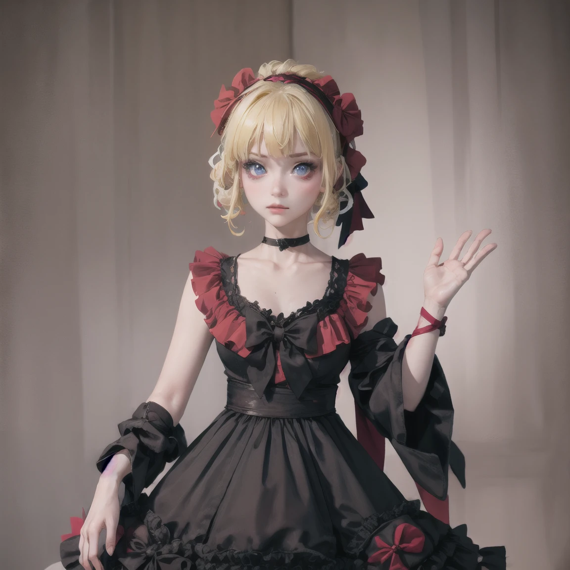 (8k, Photorealistic: 1.2, Raw photo, Highest quality: 1.4),Japanese idol-style beautiful girl,model,1 person,18-year-old,(Short Bob),(Silver Hair :1.1),She has her hair tucked behind her ears,Headband,Clear grey eyes,Long eyelashes,(eye shadow(Black)),Eyeliner((Black)),(piercings(small)),(Pale, lifeless skin(Foundation)),(Lip gloss(Deep vermilion :1.1)),thin long neck,Large Breasts,(Lace gloves(Black)),(gothic ta dress(Frills,Puffy long skirt :1.3)),(layer),(Fishnet tights),(lace up lolihoes),Sitting in a chair,(Legs are V-shaped),(Background of a room with heavy Gothic-style stone stained glass),Full body portrait