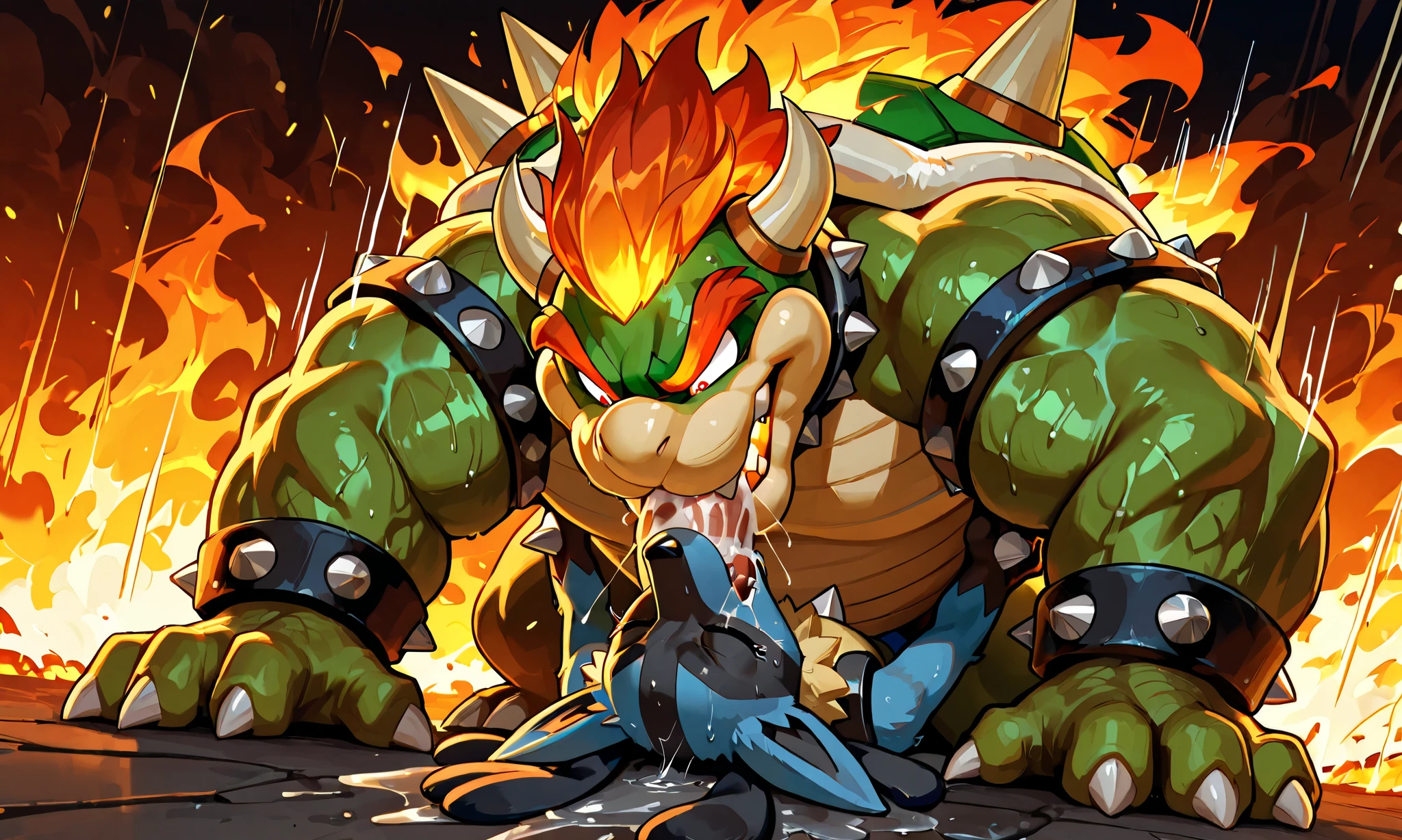large bowser, small feral lucario, irrumatio , deepthroat,  [bowser:heavy weight bulky fat, massive strong body, wide pectoral muscles, grabbing head, evil smile, open mouth, looking down, hyper big penis, hard cumming, bodily fluid, sweaty, smelly steam, saliva trail, large semen puddle] [lucario:lying on back, forced, close eyes, mouth full, drowned in semen], motion blur, motion line, fire  background, from below