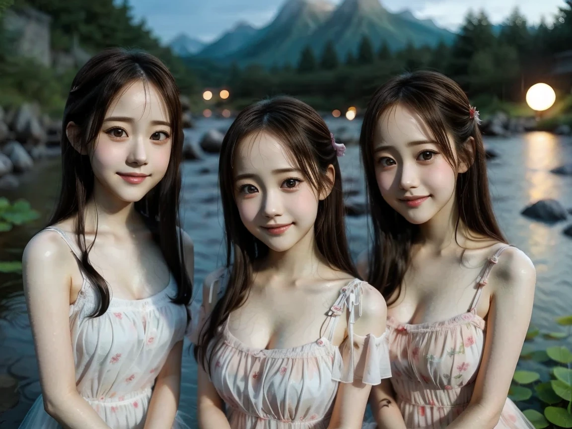 Three 18-year-old girls in wet white dresses, their hair a mix of flowing strands like a forest, with beautiful gray streaks. Pushing their chests forward, their clothes torn, with great detail. The bedroom background is detailed in 8K.
