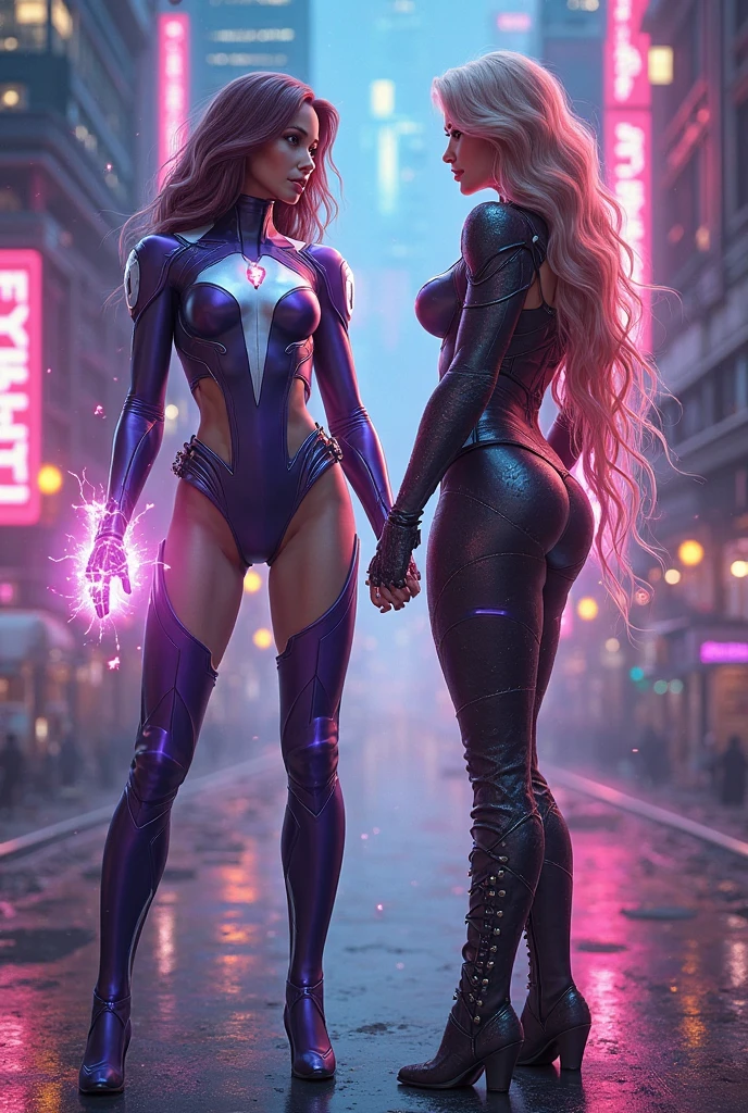 2 women, 1 woman Neon Vixen * Appearance: All-pink attire, straight, shoulder legnth, pink hair, big breasts, sleek and sophisticated appearance. * Character: Confident, ambitious, and a skilled businesswoman. * Abilities: Enhanced strength and agility. Can emit neon energy blasts. 1 woman The Quantum Queen * Appearance: Iridescent hair that changes color, futuristic bodysuit, holographic mask. * Character: Mysterious, enigmatic, and incredibly powerful. * Abilities: Can manipulate quantum energy, control elements, and manipulate time. Neon vixen Knicks the quantum queen to the ground