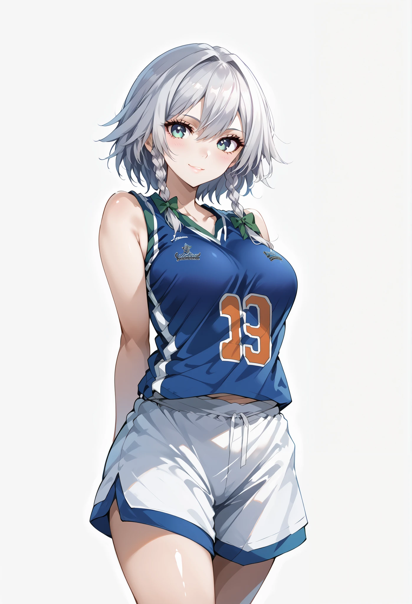 score_9, score_8_up, score_7_up, source_anime, 4K,perfect fingers,(perfect hands, perfect anatomy),prefect lighting, very aesthetic, intricate details,highly detailed background, masterpiece, high quality, best quality,
1girl,solo, izayoi_sakuya,silver hair, twin_braids ,Large Breast,
wearing ((basketball uniform, basketball jersery, sportswear, jersey, shorts, sleeveless, )) ,,
smile, ((pale skin)), ((White plain background:1.5)) , looking at viewer, ((Arms Behind Back,:1.5)),