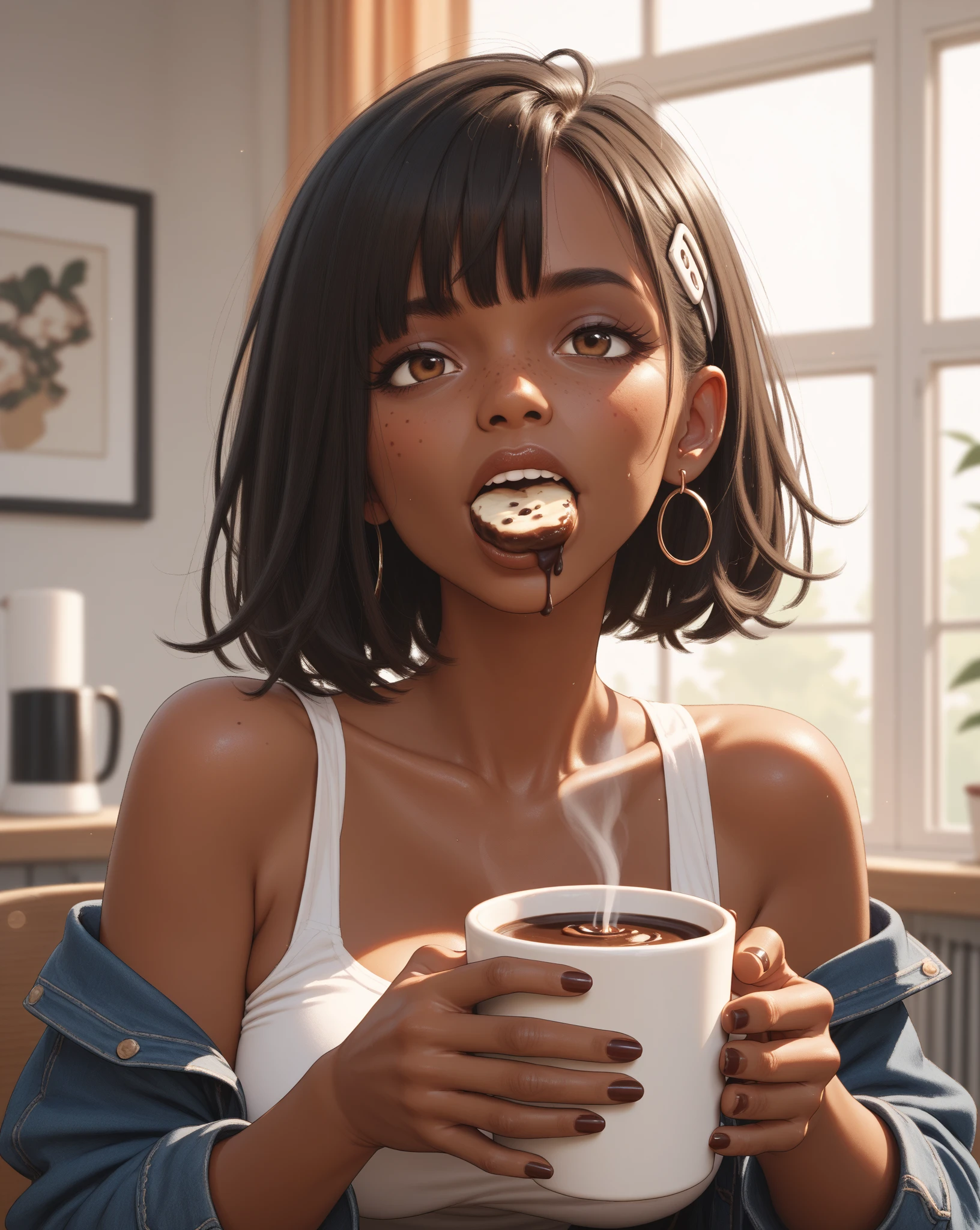 Realistic Darkskin Woman with afro and Big silver
Chain that says NIONA, smoking a joint in hello kitty pjs in pink room with plants all over and snacks on the ground with a bowl of cereal in her hand while she looks up a little looking innocent while eating the cereal