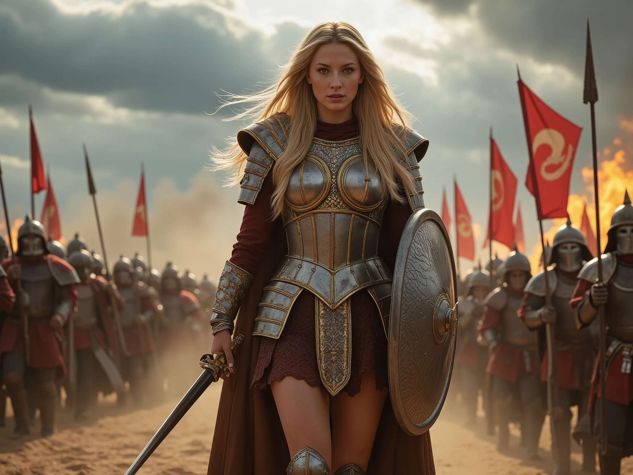 A gorgeous fierce warrior queen with long flowing blonde hair, wearing intricately designed silver and gold armor with a metal chest plate and a battle skirt. She holds a massive sword in one hand while walking confidently through a battlefield. Behind her, an army of heavily armored soldiers marches with spears raised high, their helmets reflecting the fiery glow of burning war banners. The scene is set in a dusty battlefield with dark clouds overhead, and flames raging in the background. The atmosphere is intense, with dust rising from the ground as the warriors advance. The warrior queen has a determined expression, exuding strength, leadership, and fearlessness.